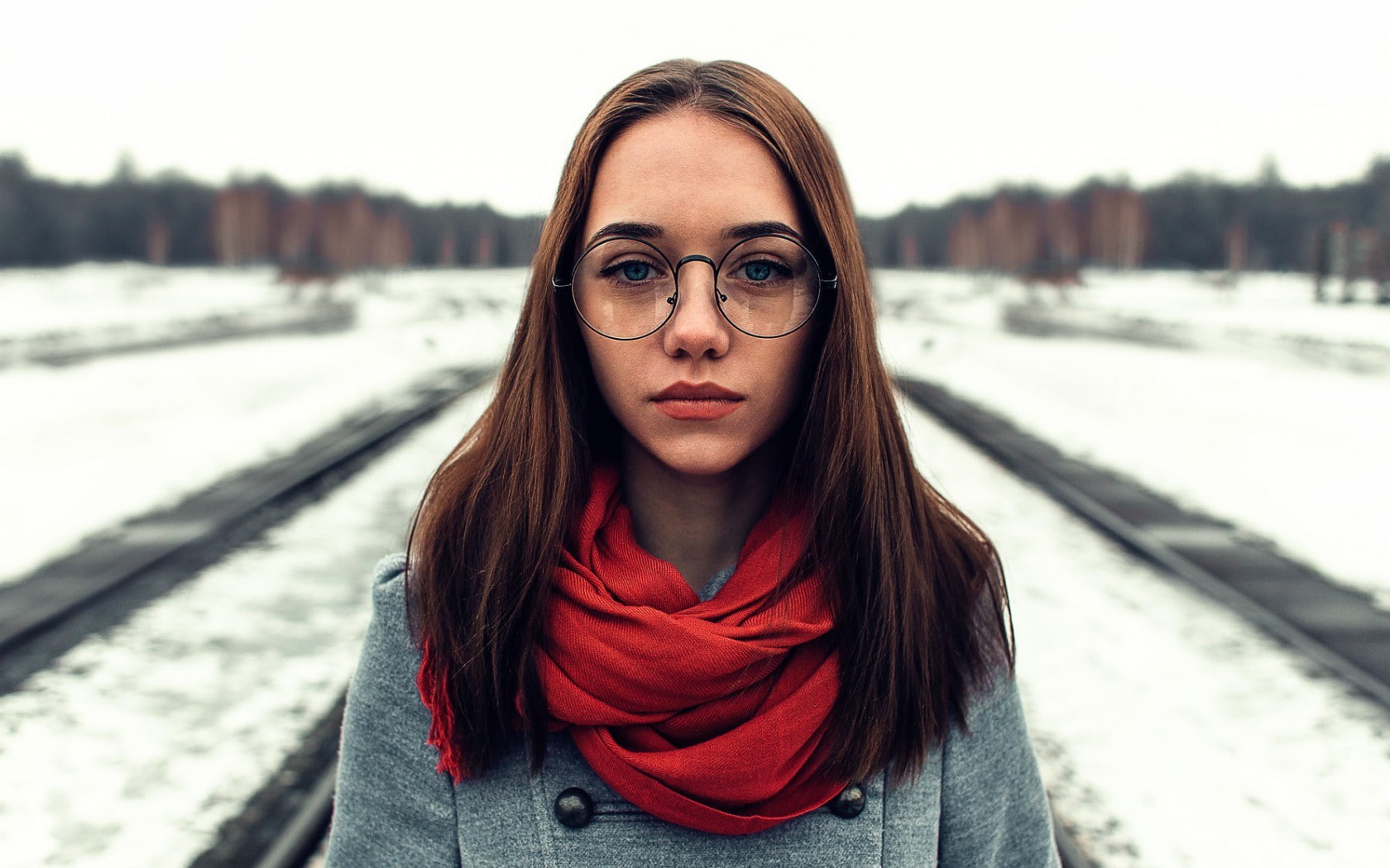 winter, women outdoors, standing, cold temperature, looking at camera, blue eyes, outdoors, brunette, warm clothing, front view, glasses, long hair, scarf, HD Wallpaper