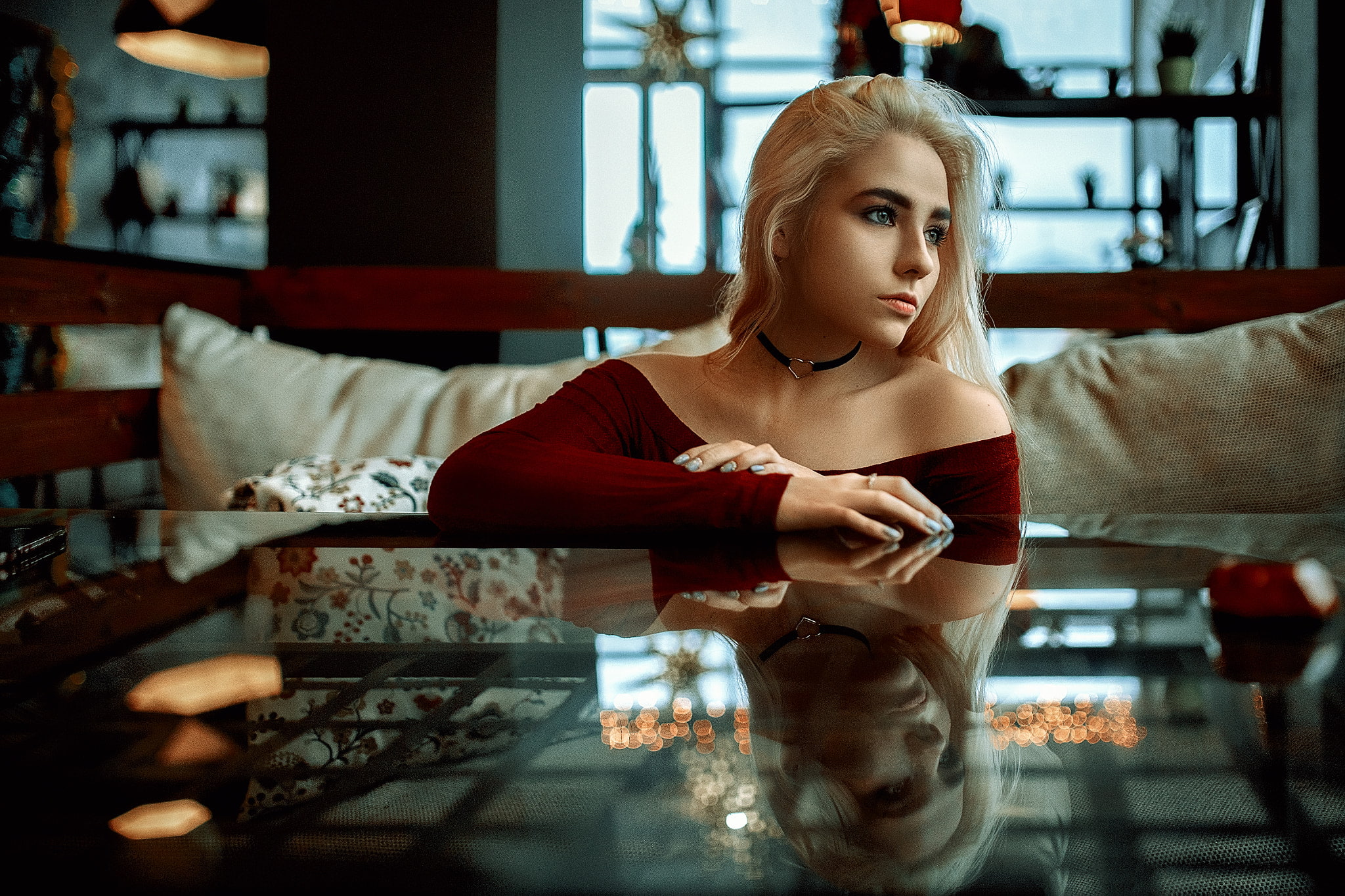 blonde, sitting, one person, blond hair, hair, young women, adult, indoors, 1080P, glass, choker, young adult, beautiful woman, looking, looking away, HD Wallpaper