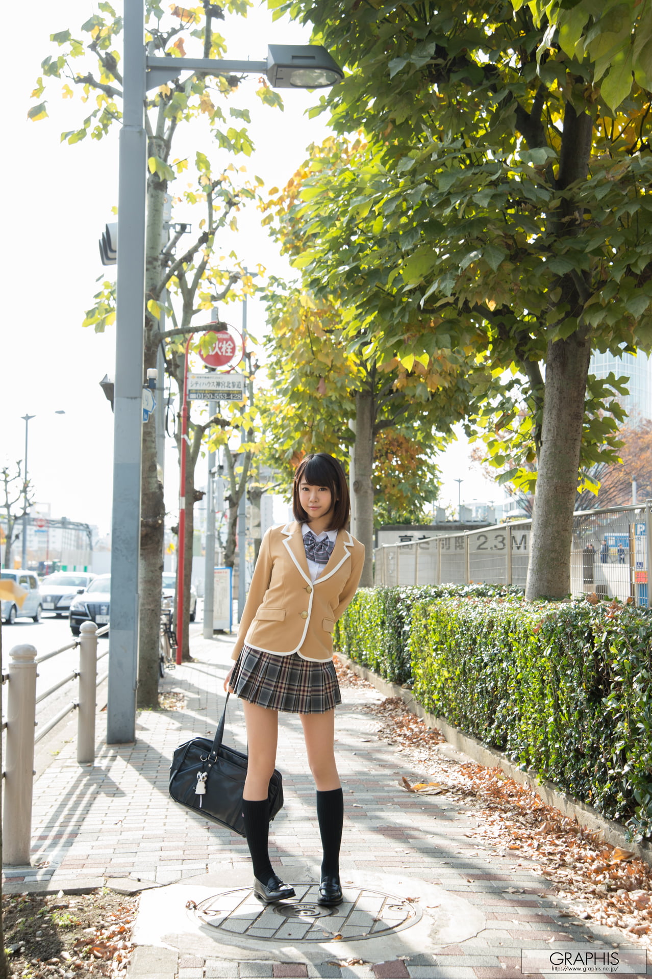 knee high socks, Suzu Harumiya, women outdoors, short hair, looking at viewer, street, brunette, 1080P, Asian, plaid skirt, graphis, portrait display, Phone HD Wallpaper