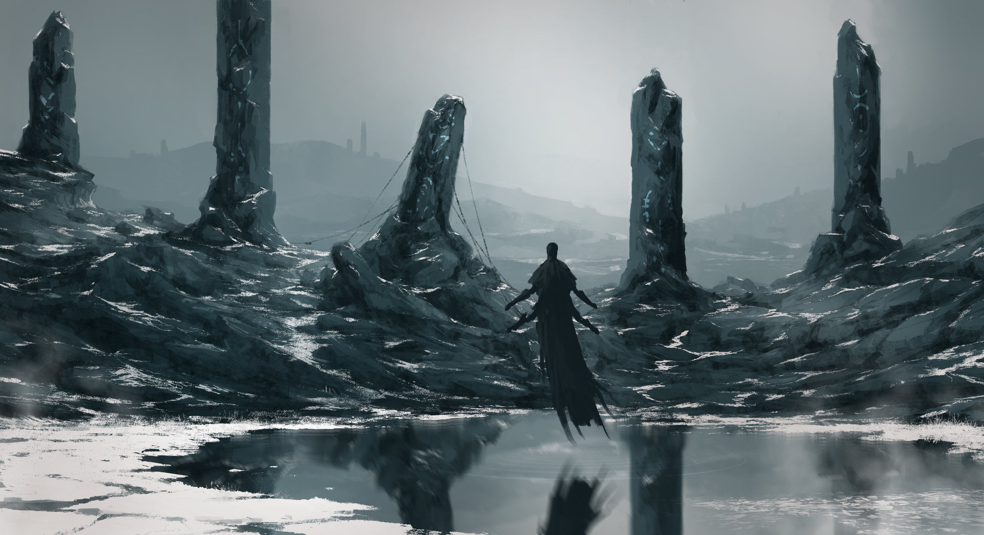 monochrome, figurines, cold, demon, Four Arms, nature, tranquil scene, rocks, ceramic, reflection, winter, cold temperature, black, two, 1080P, one person, HD Wallpaper