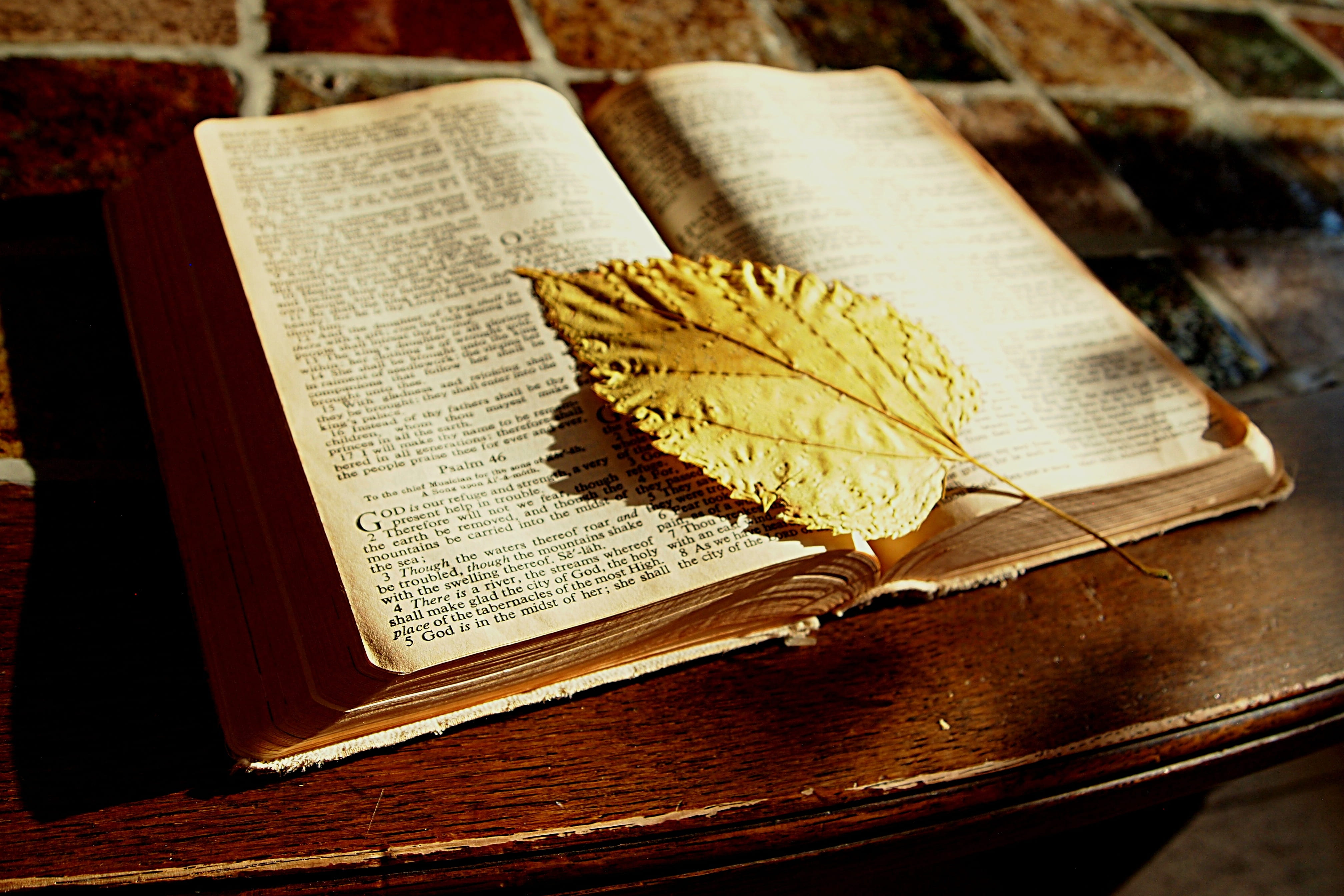 religion, printed, book, paper, communication, publication, old, belief, faith, bookmark, 4K, open, indoors, high angle view, yellow, text, antique, wood - material, HD Wallpaper
