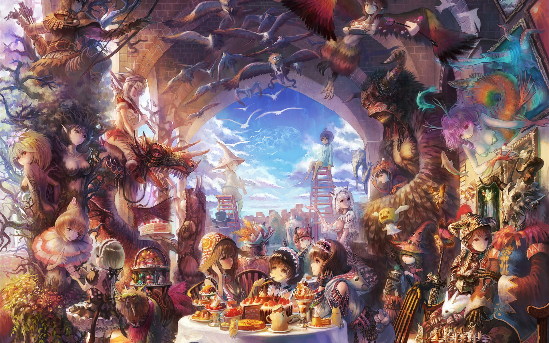 checkered, car, cat, chest, butterfly, crystal, bonsai, animal, 1080P, blue, hair, crayons, ahoge, floor, cup, aquarium, bowl, tail, corn, yoshikuni, brown, HD Wallpaper