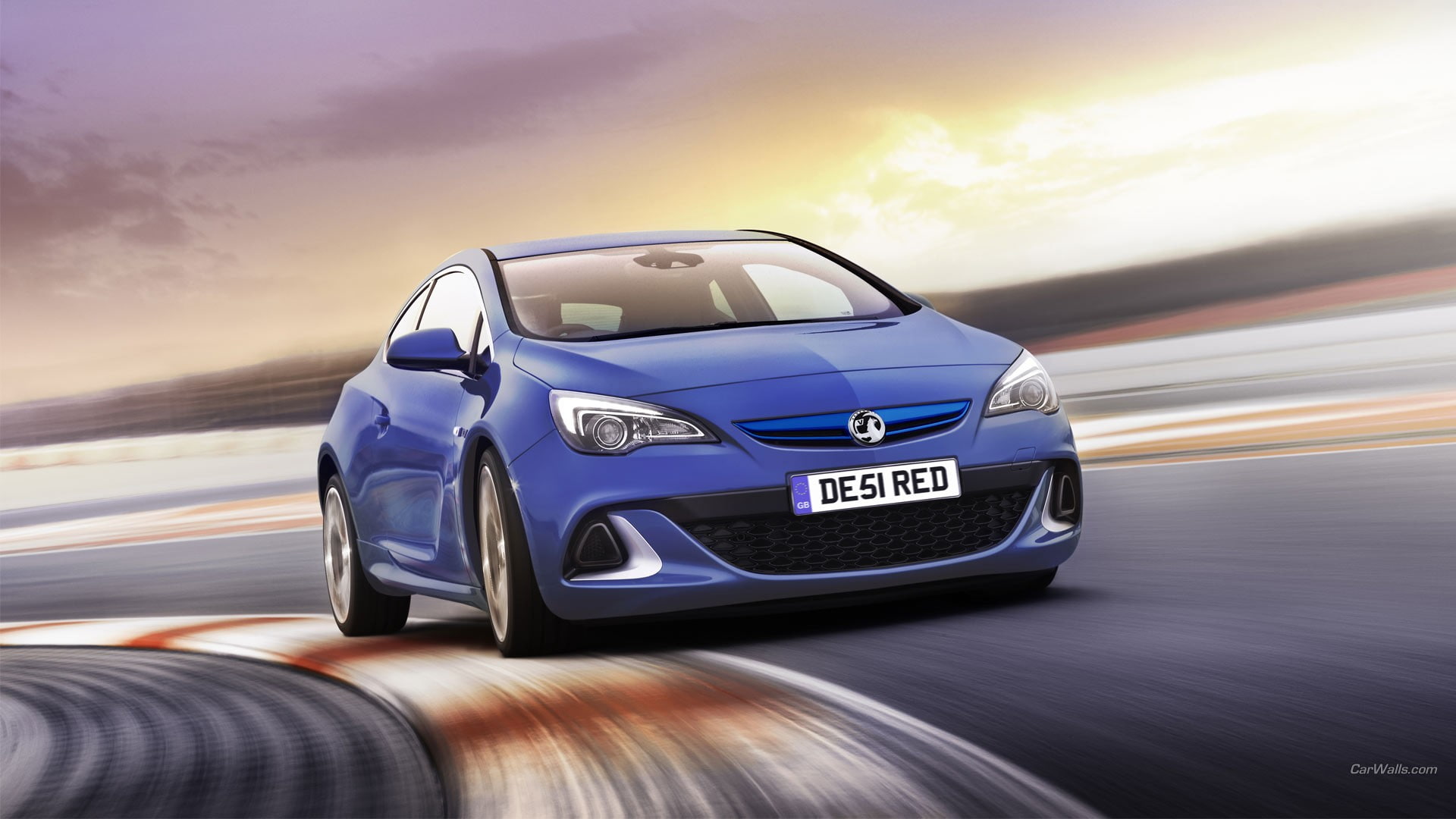 transportation, speed, blue cars, sports car, wheel, 1080P, road, driving, sunlight, Vauxxhall Astra, sky, cloud - sky, car, sunset, mode of transportation, HD Wallpaper