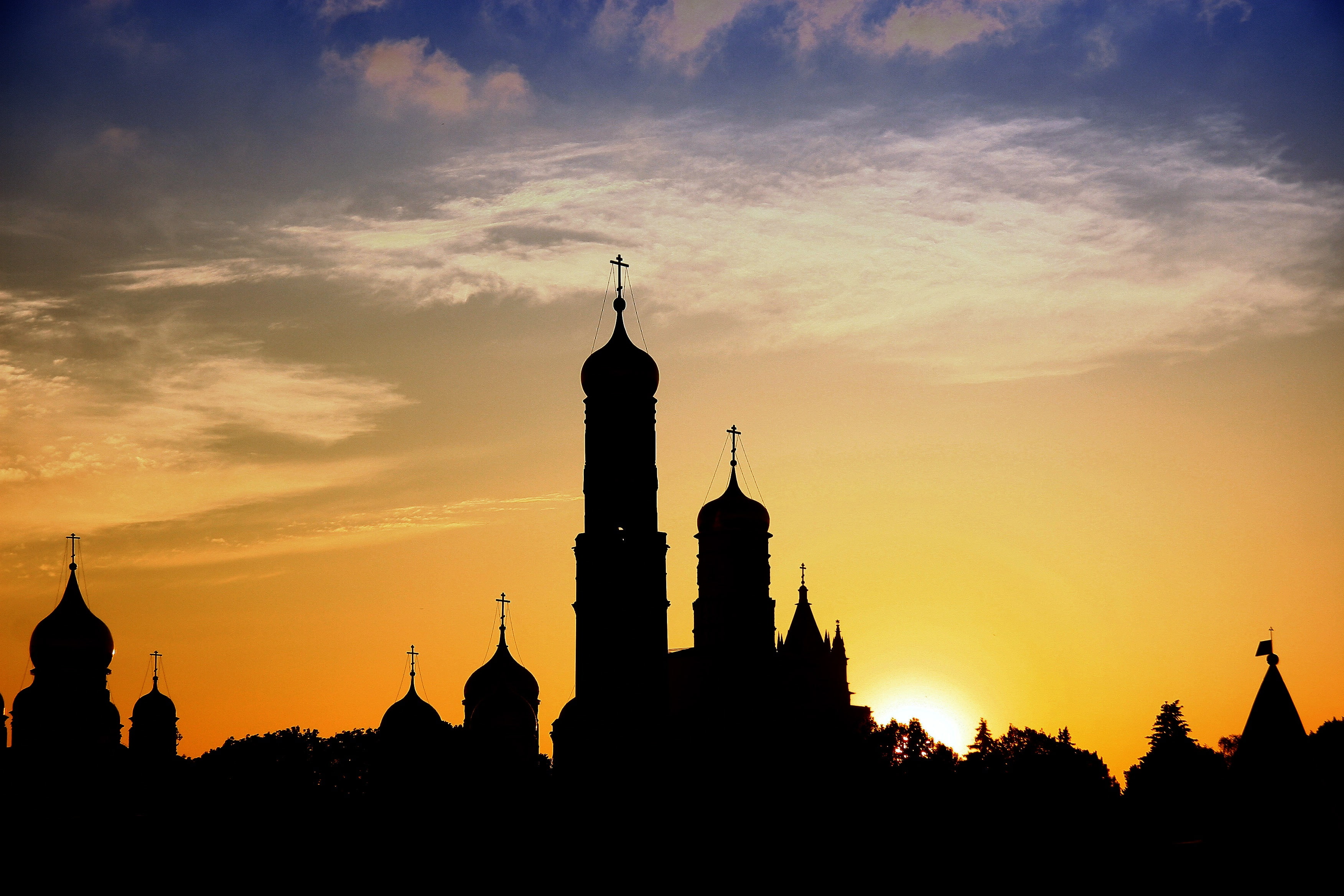 temple, dome, the city, silhouette, sunset, landscape, Church, 2K, Orthodox, Orthodoxy, Russia, tower, colorful, HD Wallpaper