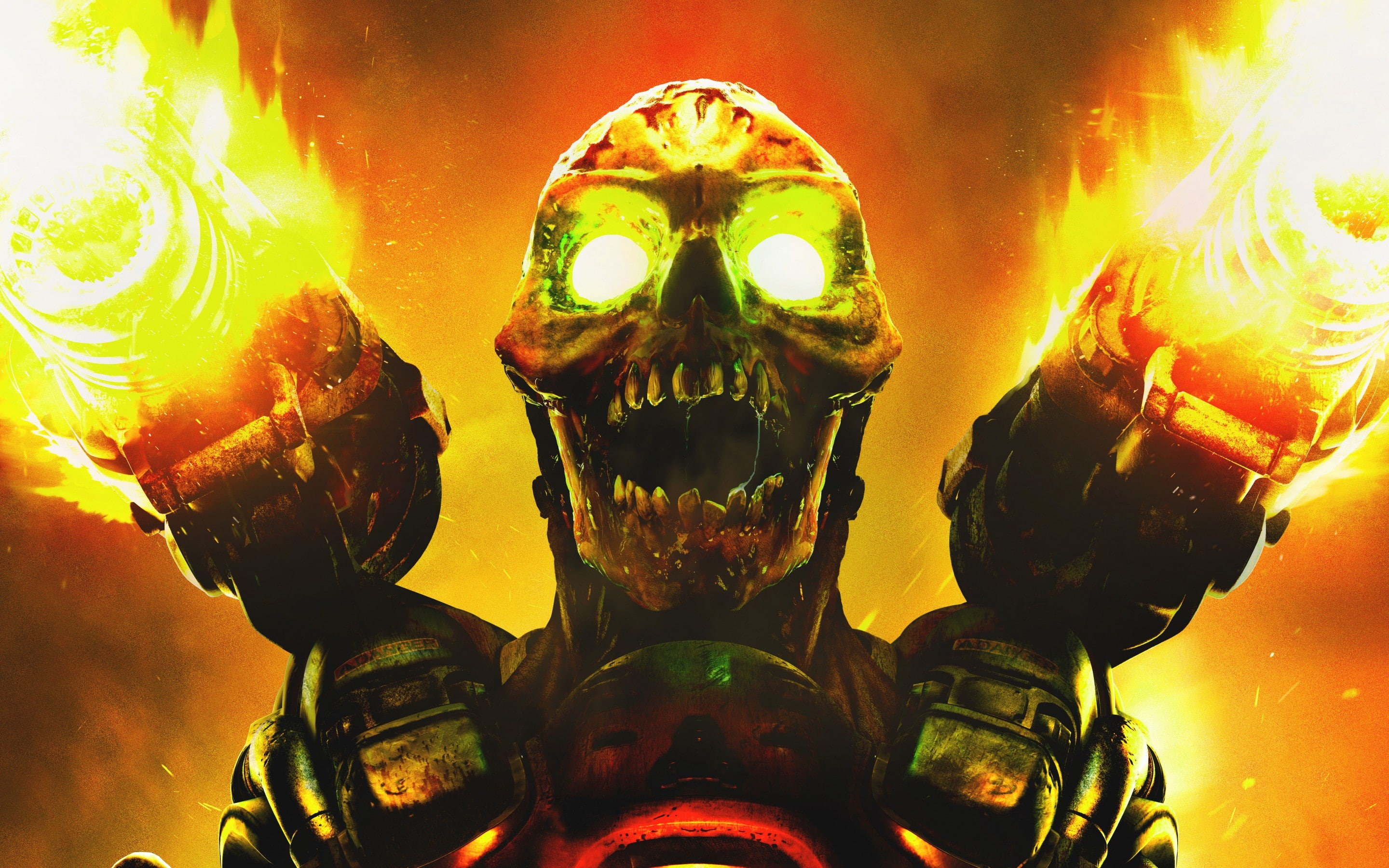 2K, portrait, Monster, nature, Doom, Fire, looking at camera, Skull, one person, human representation, abstract, representation, human skeleton, body part, HD Wallpaper