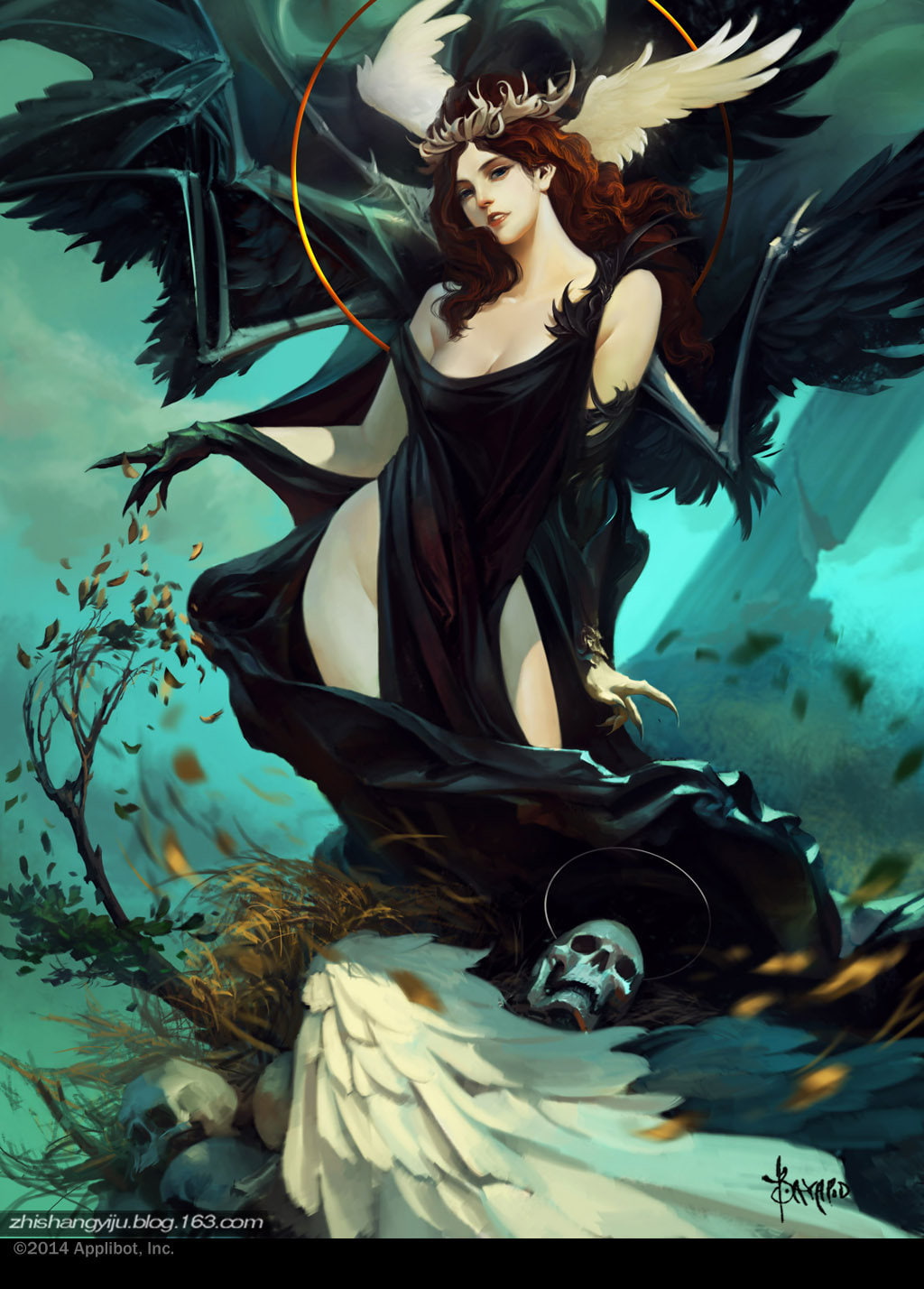 Bayard Wu, redhead, women, dress, skull, 720P, wings, drawing, Phone HD Wallpaper