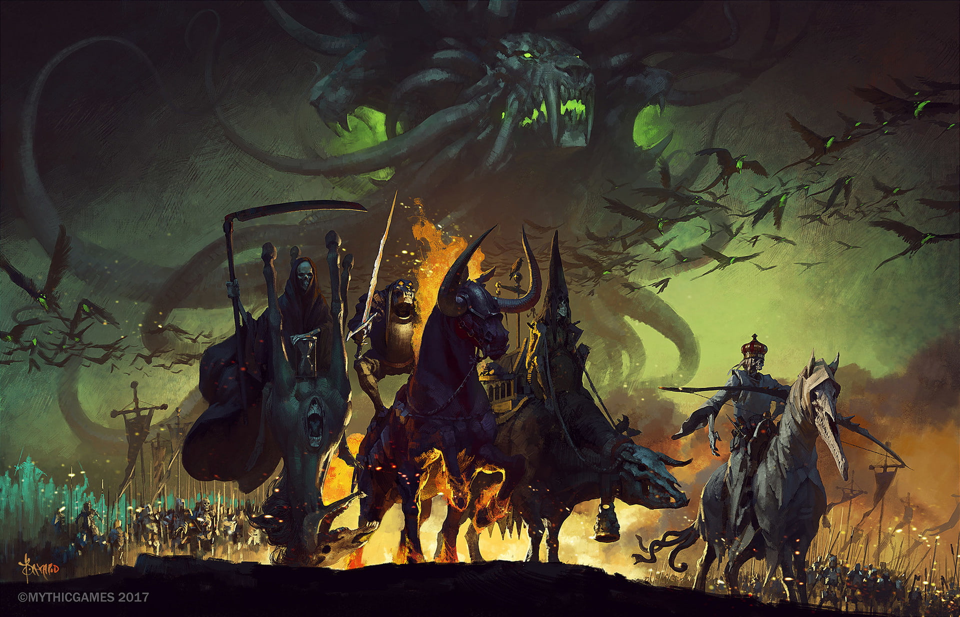 Plague, Bayard Wu, Famine, drawing, skeleton, birds, Horsemen of the Apocalypse, death, 1080P, horror, war, HD Wallpaper