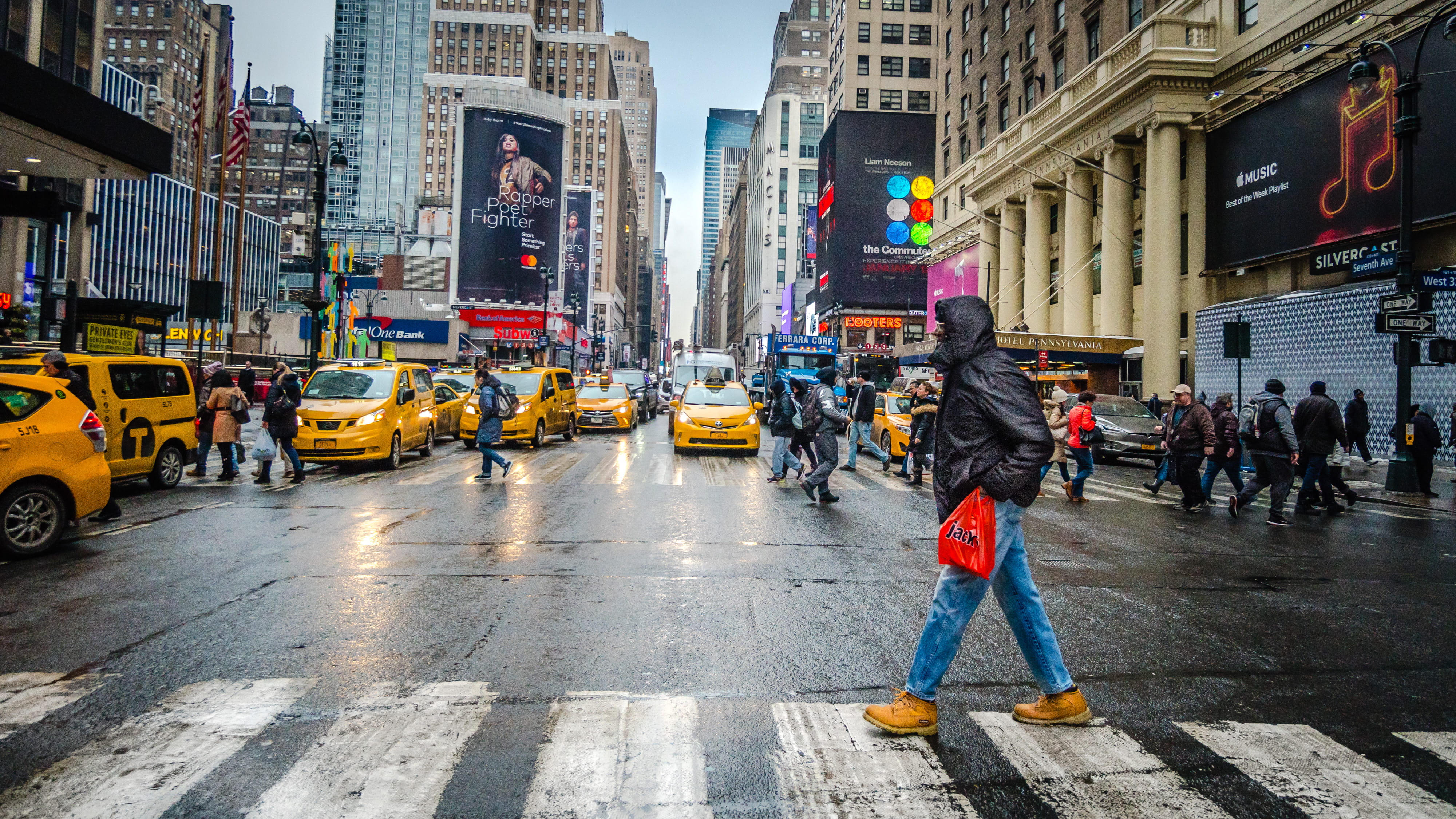 wheel, man, human, cab, built structure, automobile, penn station, architecture, car, crossing, outdoors, motor vehicle, apparel, footwear, new york, city, HD Wallpaper