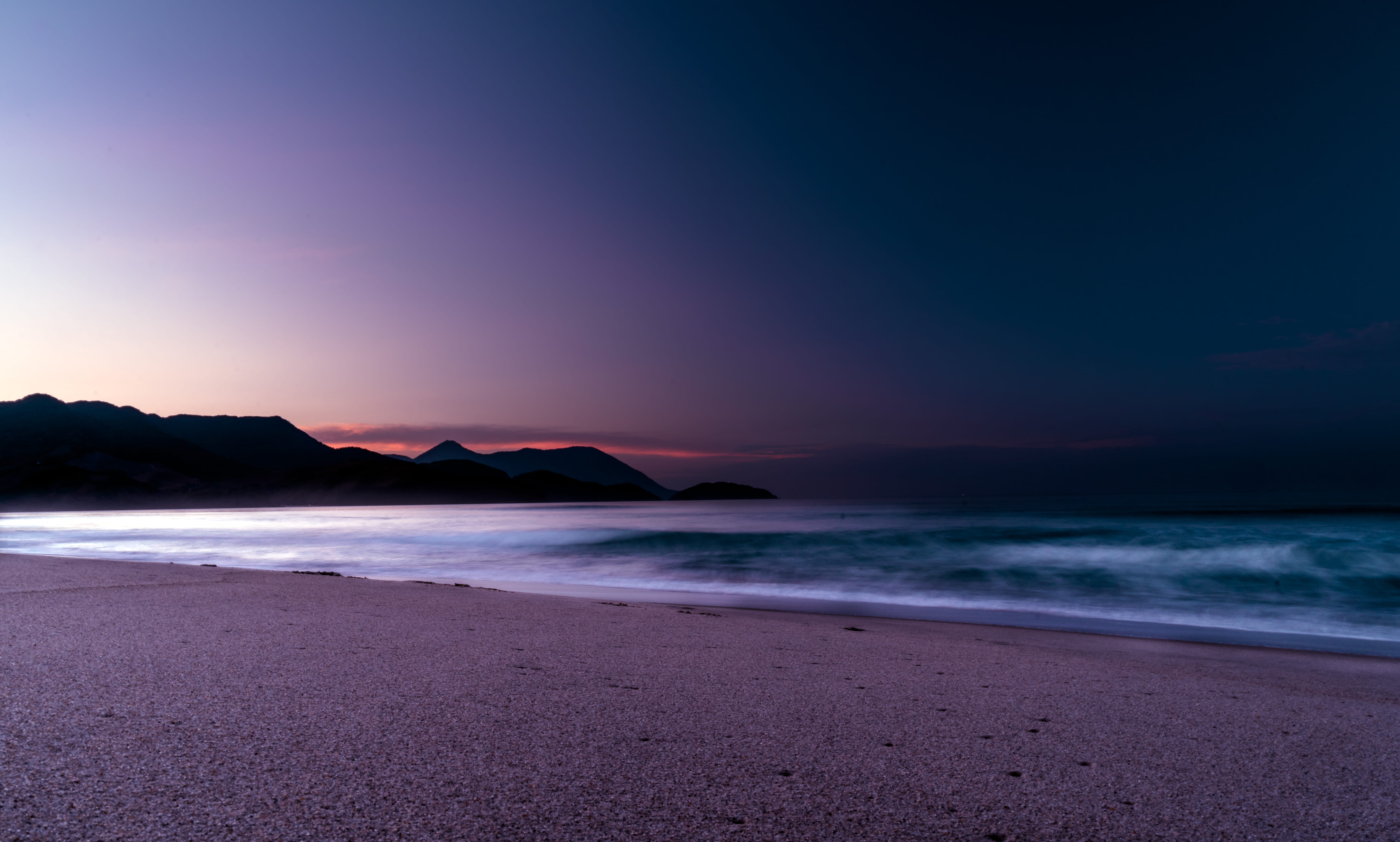 sand, beauty in nature, no people, sea, dark, calm, horizon over water, mountain, sunset, long exposure, dusk, beside, horizon, tranquil scene, landscape, HD Wallpaper
