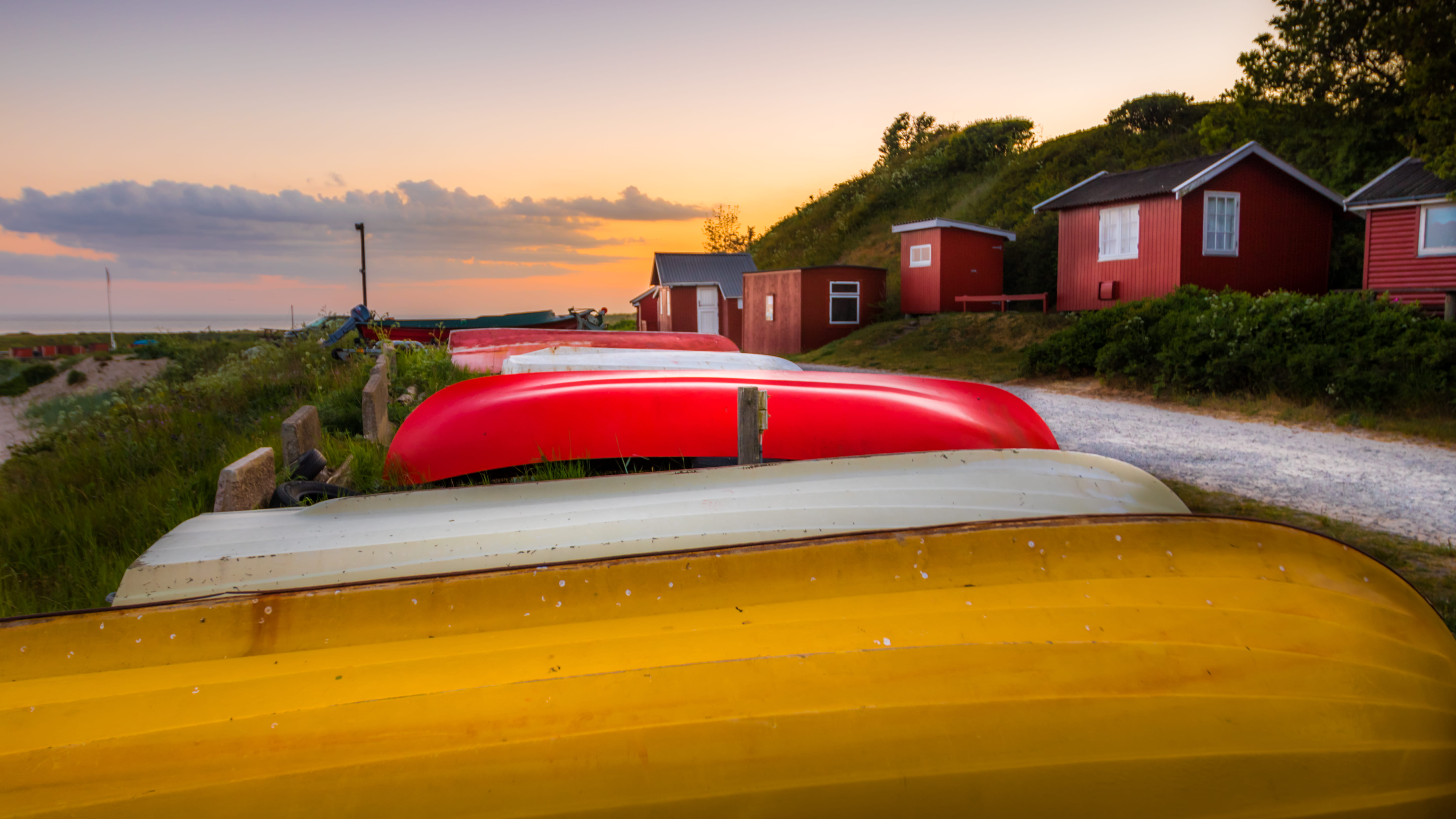 yellow, transportation, hill, water, car, outdoors, inflatable, nautical vessel, red, cloud, boathouse, built structure, warm, mode of transportation, golden hour, HD Wallpaper