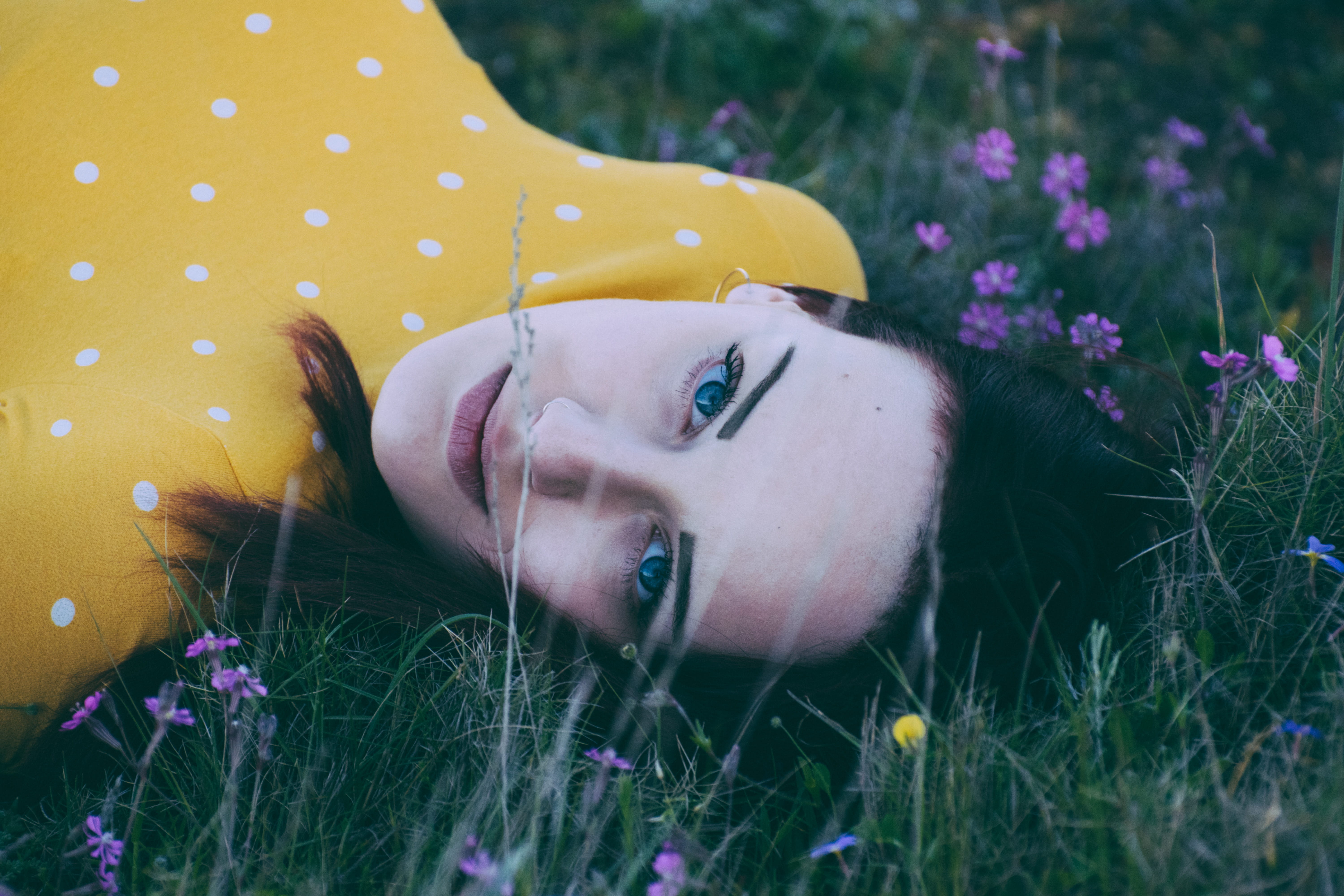lavrion, dress, grassy, selective focus, relax, pure, headshot, female, fashion, 5K, leisure activity, calm, plant, real people, nature, pose, lying, beautiful woman, HD Wallpaper