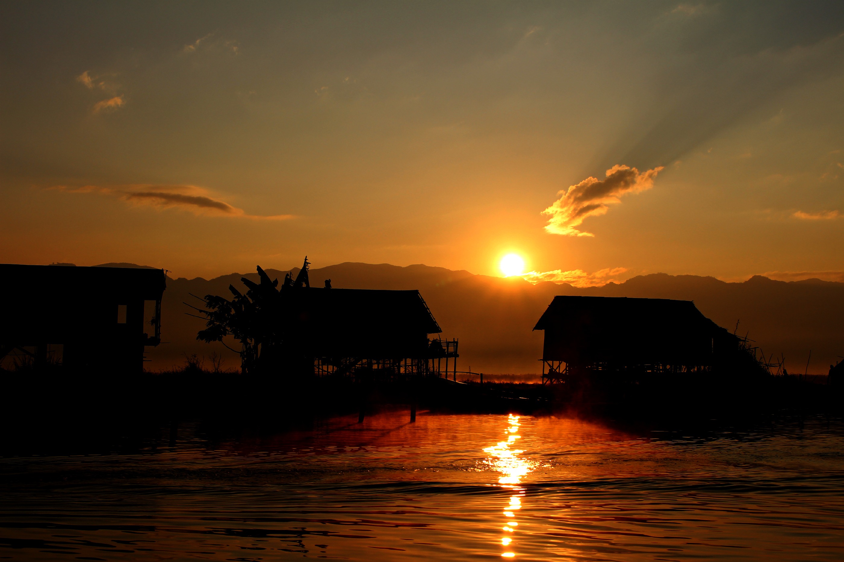 orange color, 2K, floating house, beauty in nature, nature, building exterior, burma, built structure, silhouette, sunset, surise, sunlight, asia, glowing sky, HD Wallpaper