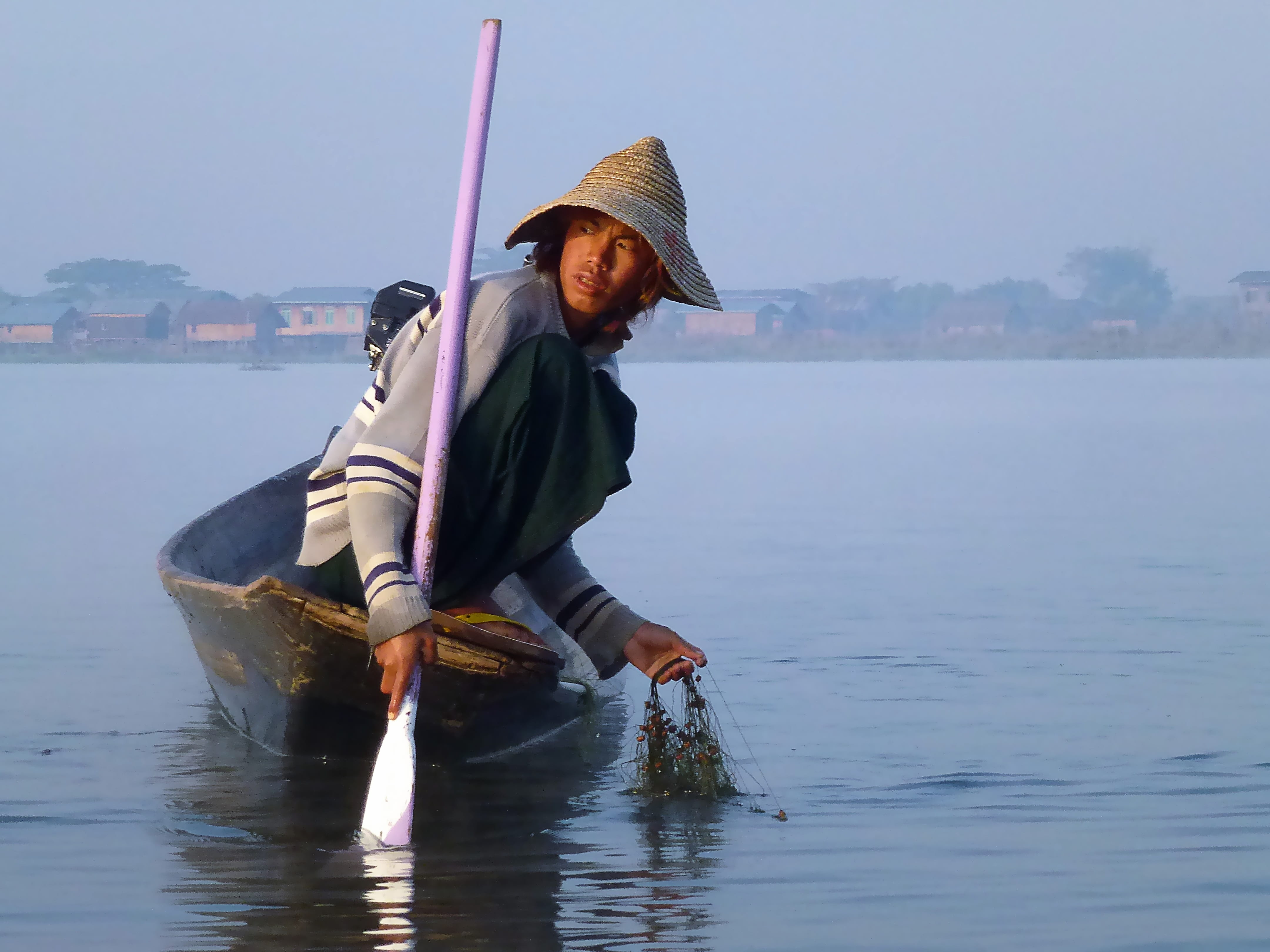 clothing, lake inle, casual clothing, transportation, lake, occupation, one person, burma, outdoors, hat, nautical vessel, day, fishermen, water, blue, HD Wallpaper