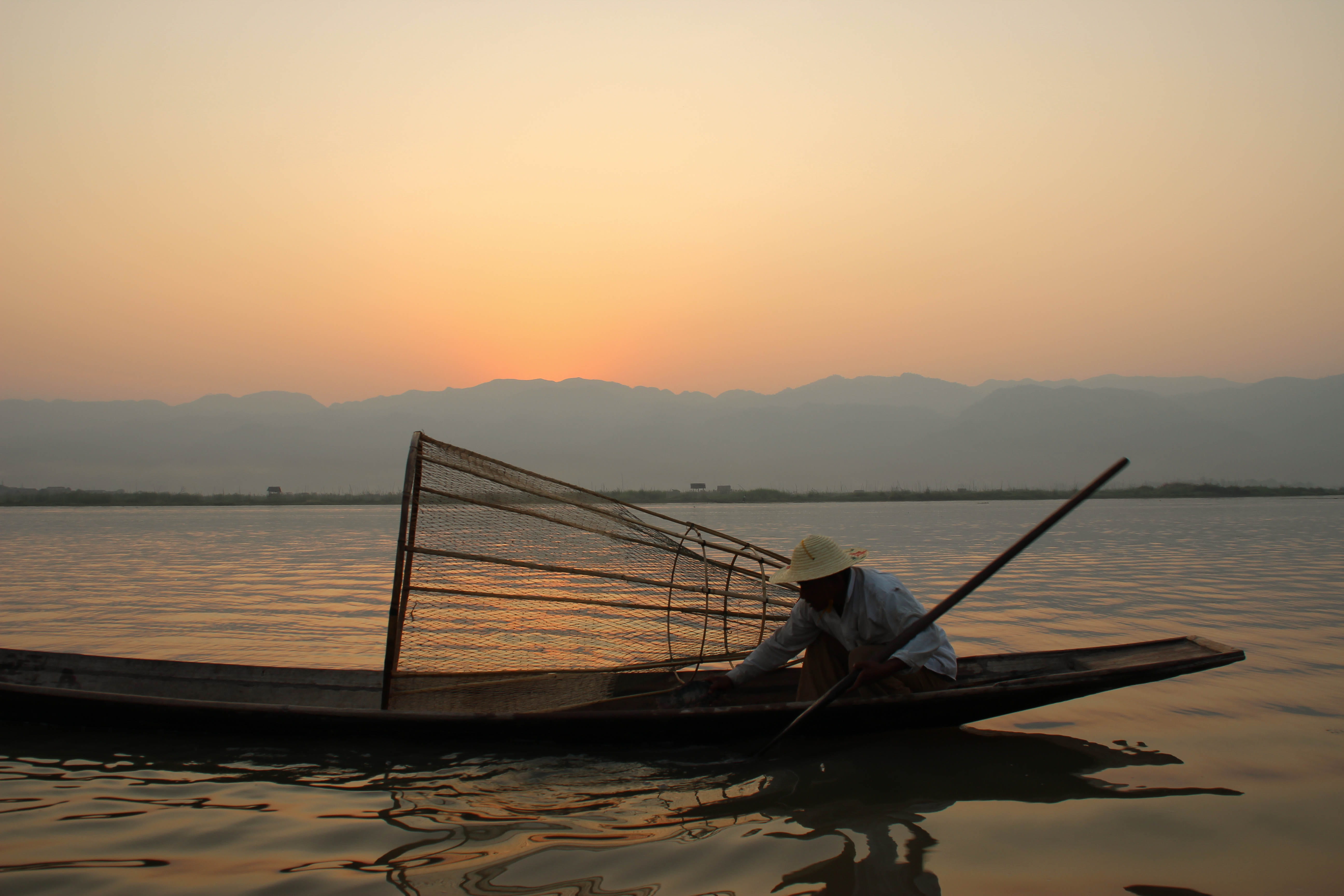 boat, moored, 5K, myanmar (burma), sunset, beauty in nature, mountain, tranquil scene, tranquility, transportation, no people, rowing, fish, nautical vessel, HD Wallpaper
