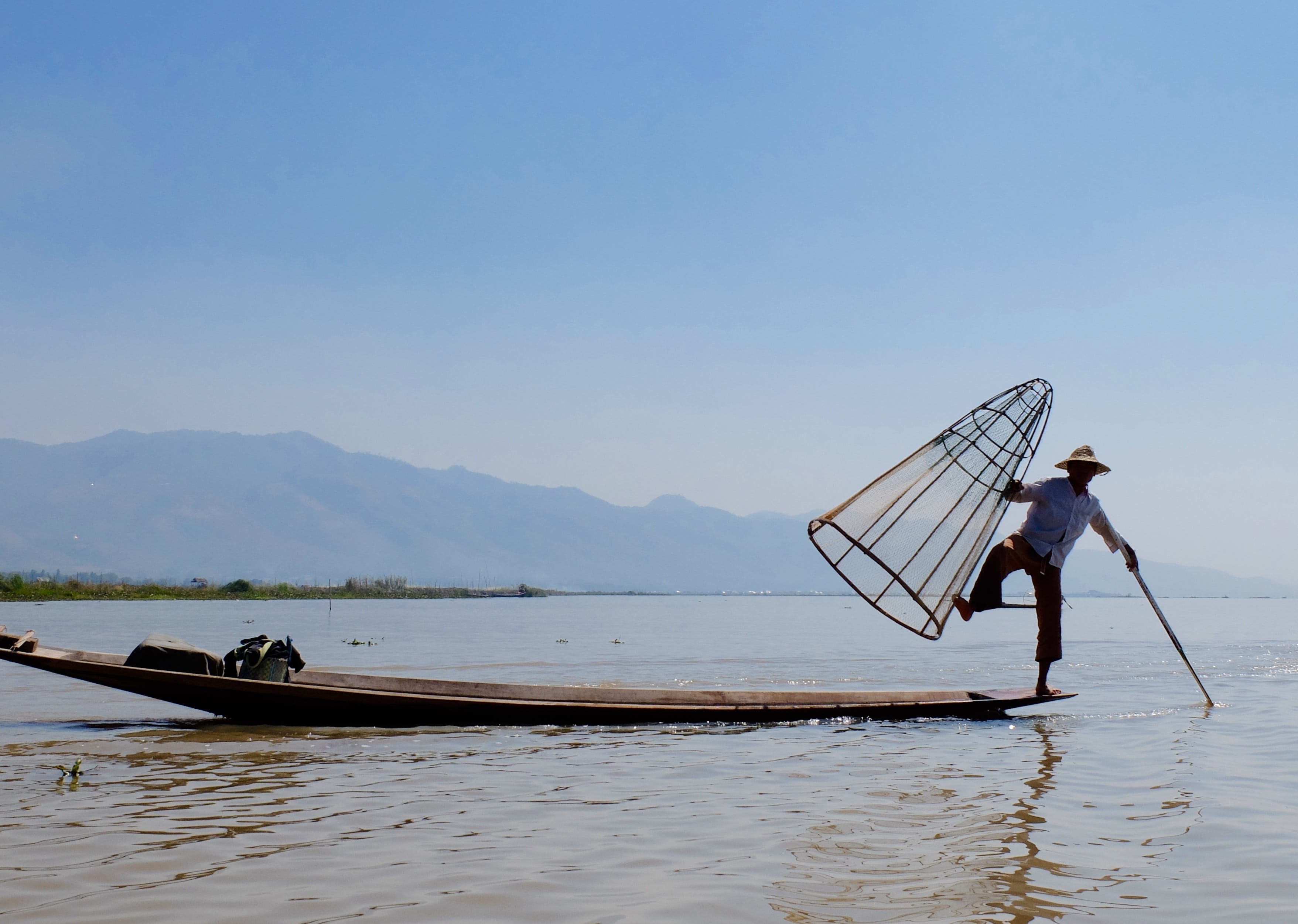 lake, beauty in nature, fishing net, Myanmar, landscape, transportation, men, Burma, nature, non-urban scene, mode of transportation, water, holding, outdoors, HD Wallpaper