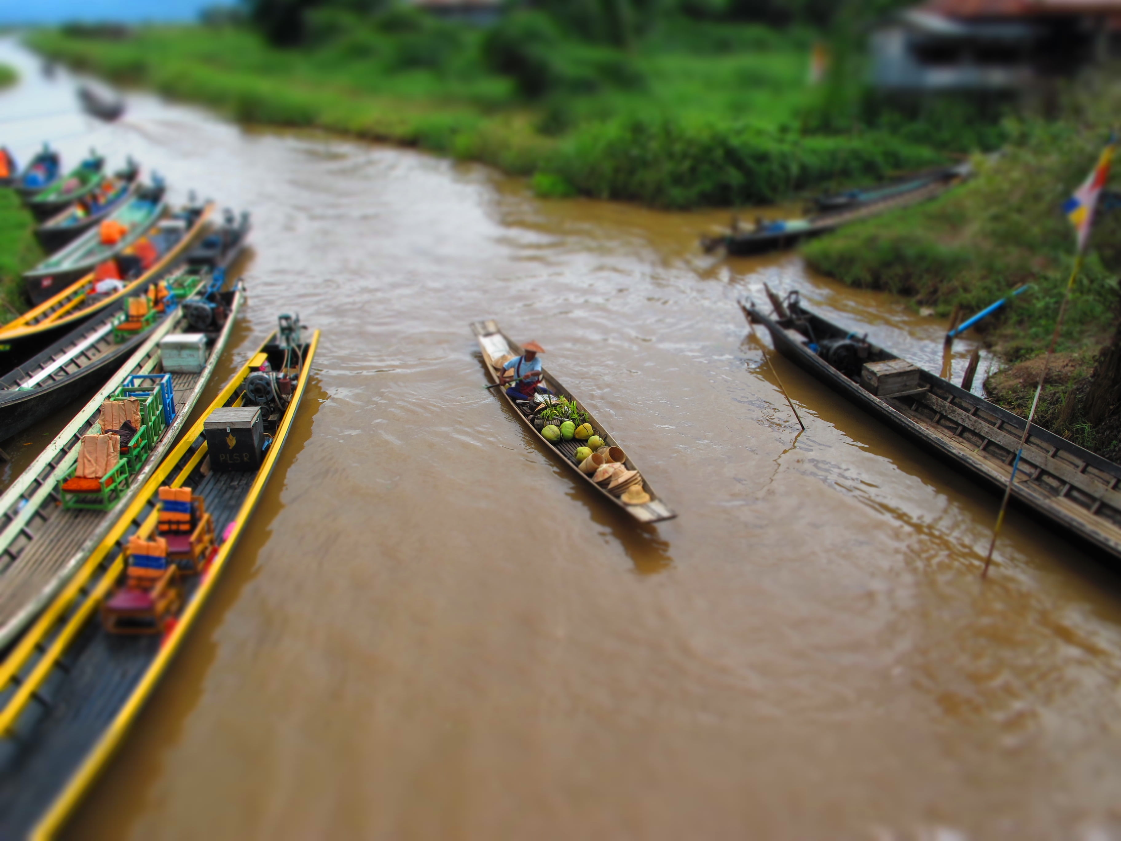 burma, tilt-shift, no people, outdoors, mode of transportation, reflection, transportation, lake, tranquil scene, waterfront, rowboat, 2K, nautical Vessel, HD Wallpaper