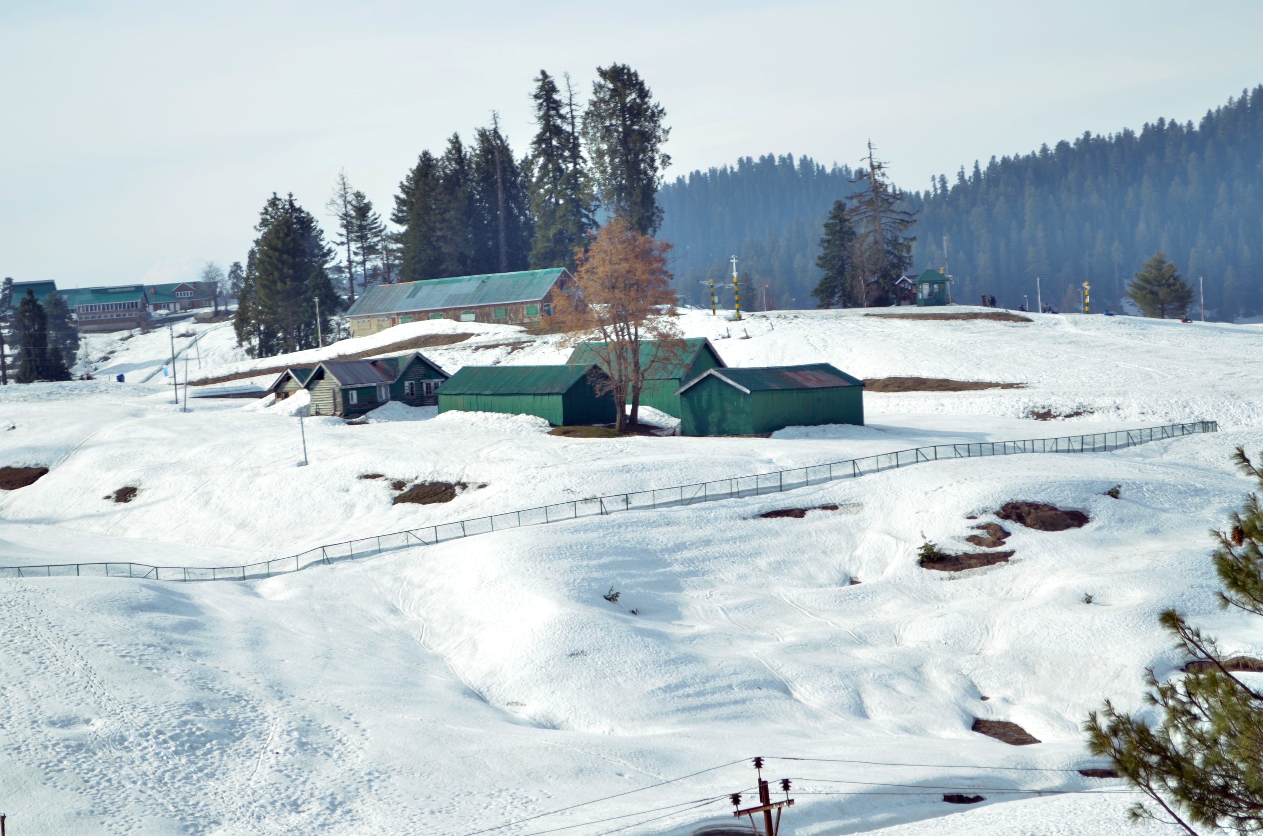 snow, landscape, kashmir, land, tranquil scene, nature, himalayas, frozen, built structure, plant, covering, sky, scenery, day, mountains, trees, winter, HD Wallpaper