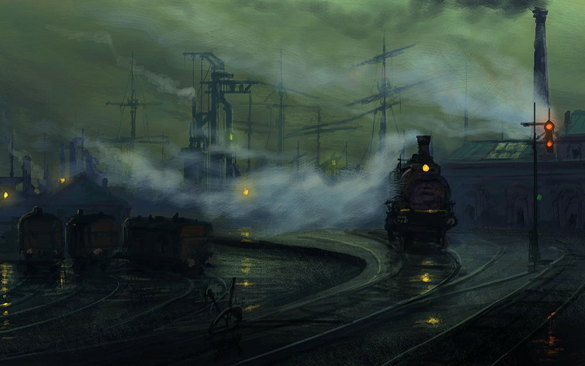 rails, art, the evening, 1080P, industrial Landscape study, the engine, the way, lights, by Raphael Lacoste, HD Wallpaper