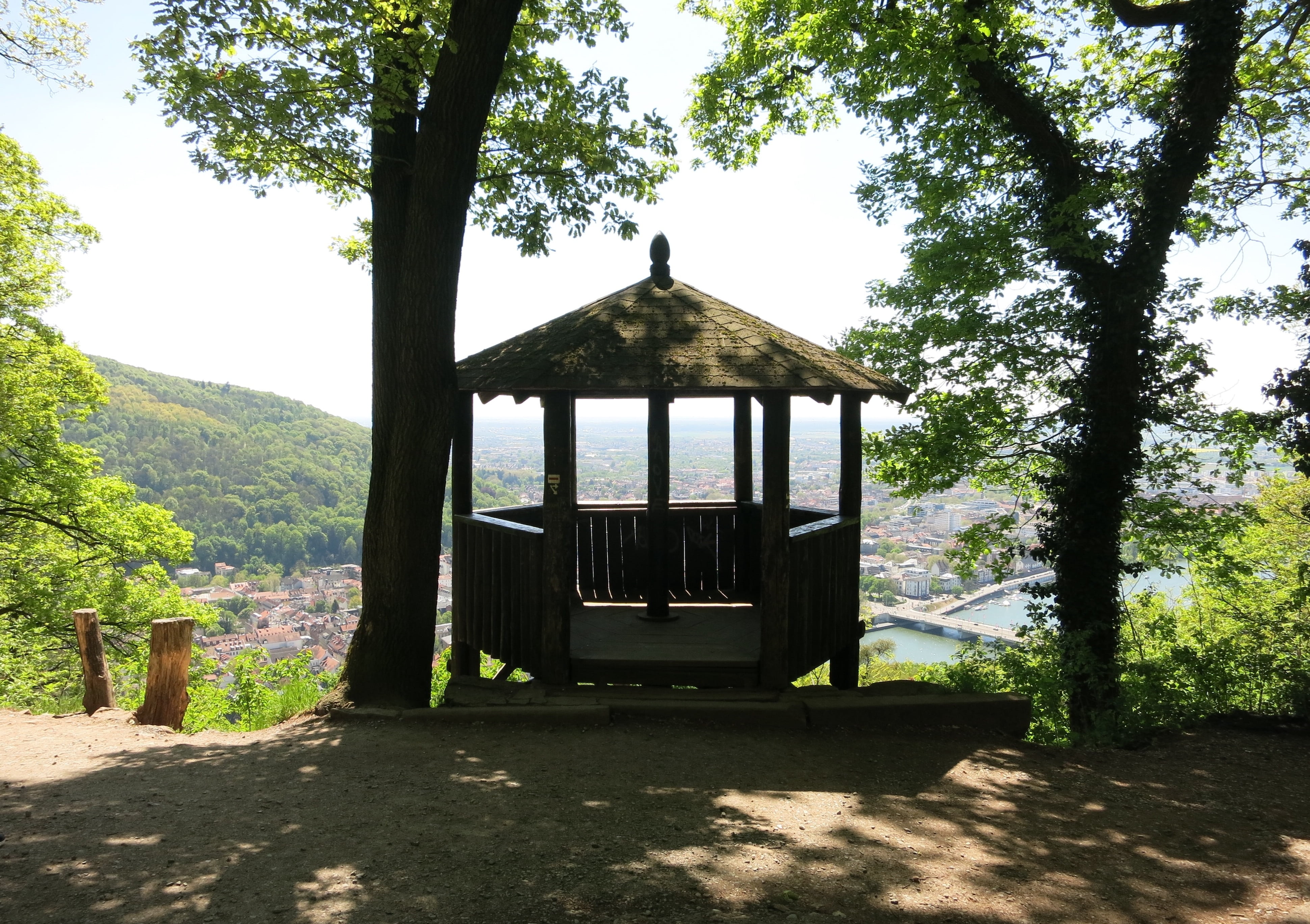built structure, sky, gazebo, green color, land, outlook, architecture, plant, wood - Material, tree, sunlight, forest, 4K, heidelberg, outdoors, nature, HD Wallpaper