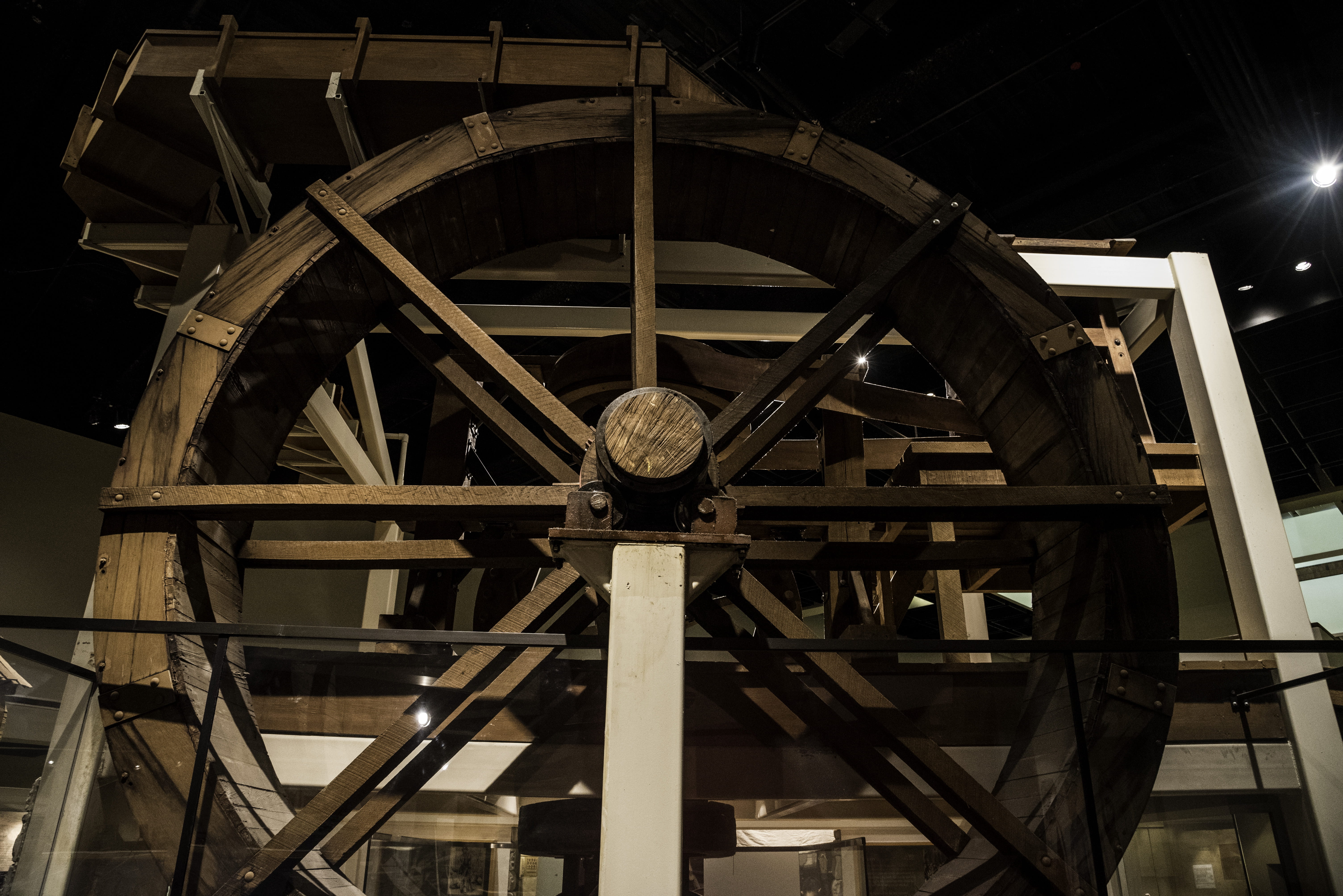 day, Mill Wheel, wooden wheel, sky, oil pump, wood - material, machine, no people, Museum, outdoors, night, steel, public domain, water wheel, illuminated, HD Wallpaper