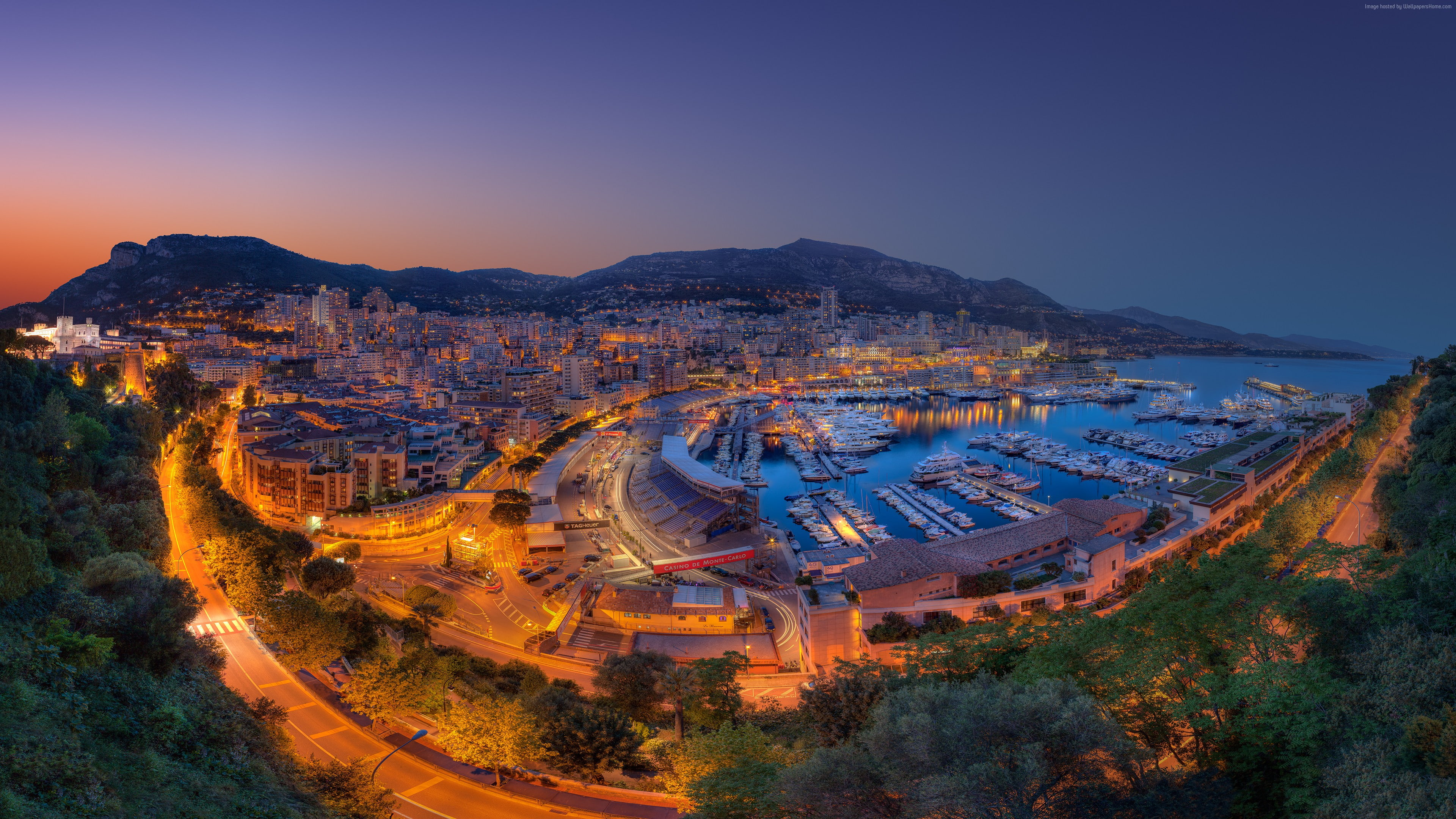 travel destinations, building exterior, land, ocean, mountain, booking, night, 4K, harbor, sea, travel, transportation, Monaco, water, city, dusk, Principality, HD Wallpaper