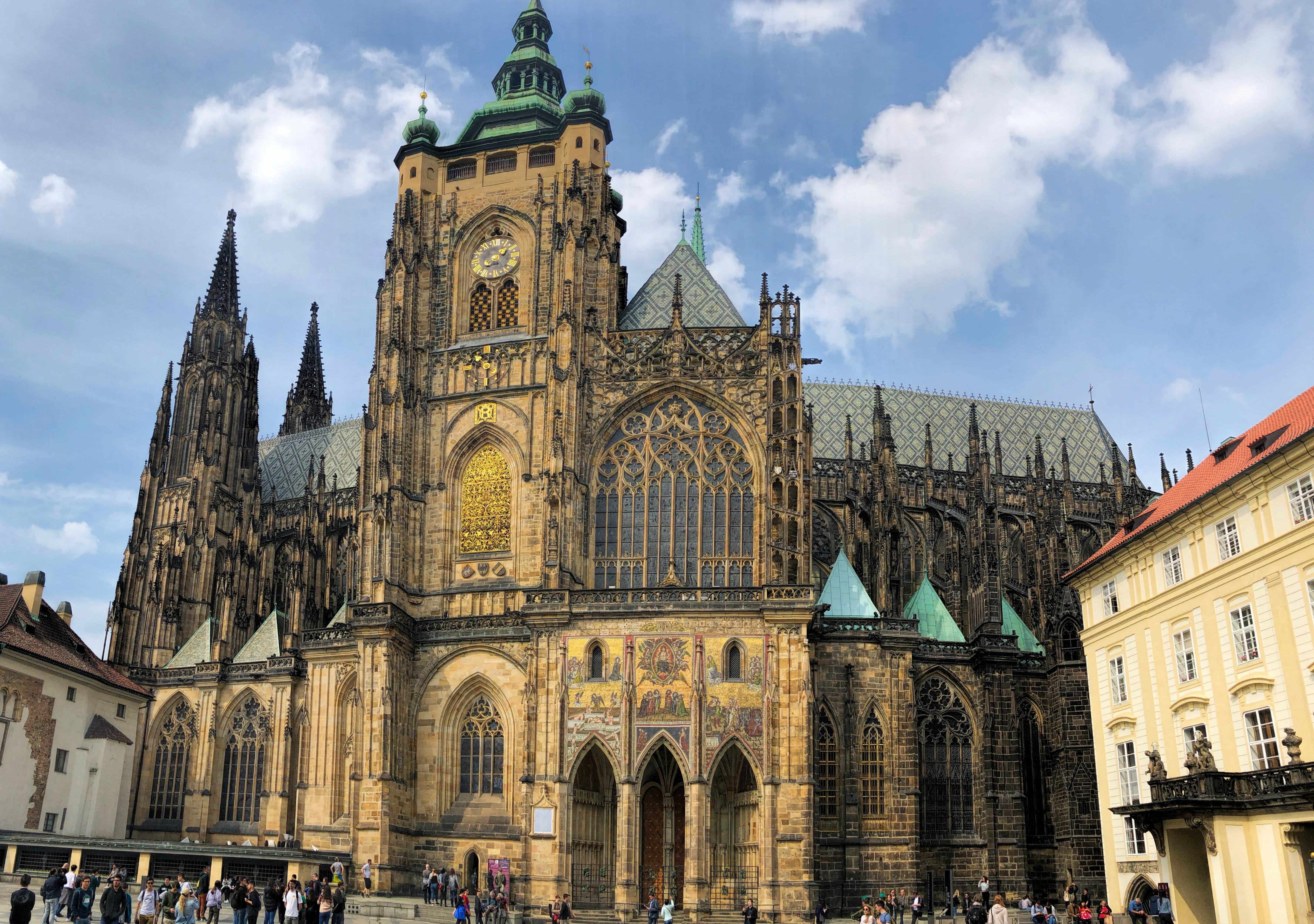 spire, 4K, belief, building, building exterior, nature, spirituality, tourism, tower, landmark, cloud - sky, architecture, history, st vitus cathedral, HD Wallpaper