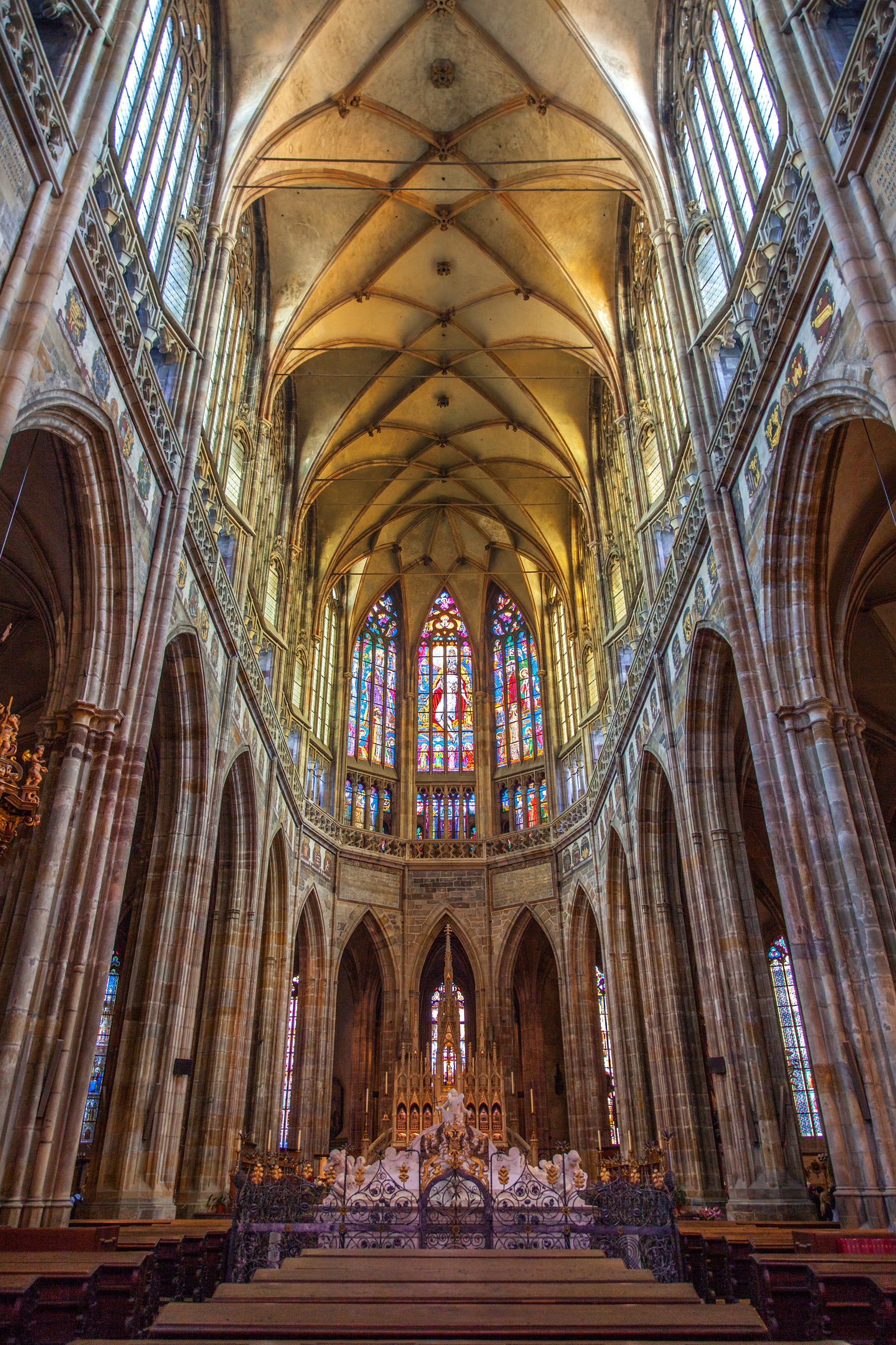 architecture, vitus cathedral, no people, prague, glass, spirituality, 2K, built structure, low angle view, czech, travel, travel destinations, place of worship, Phone HD Wallpaper