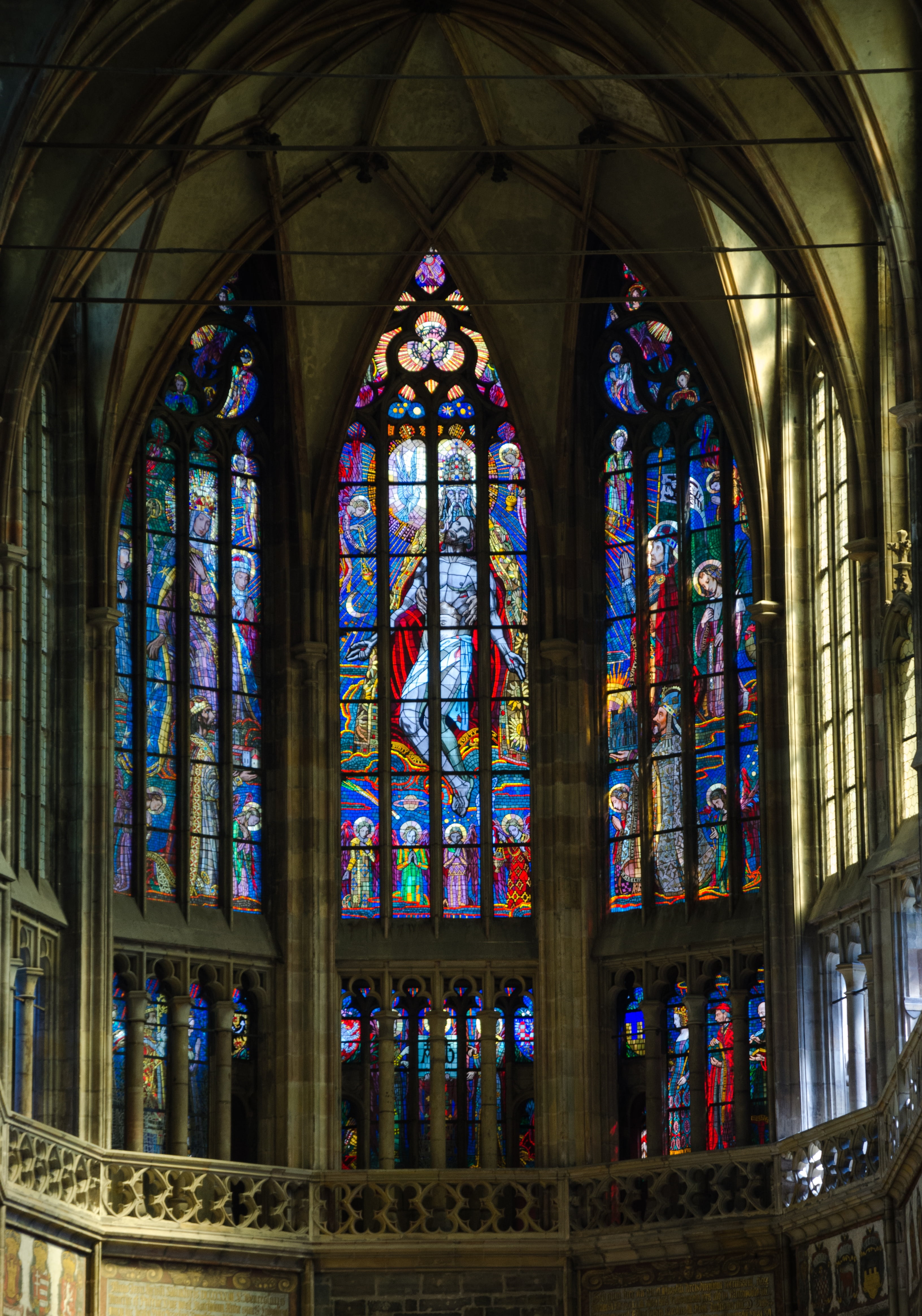 st vitus cathedral, glass window, low angle view, gothic, architectural column, glass, prague, building, place of worship, church window, no people, spirituality, Phone HD Wallpaper