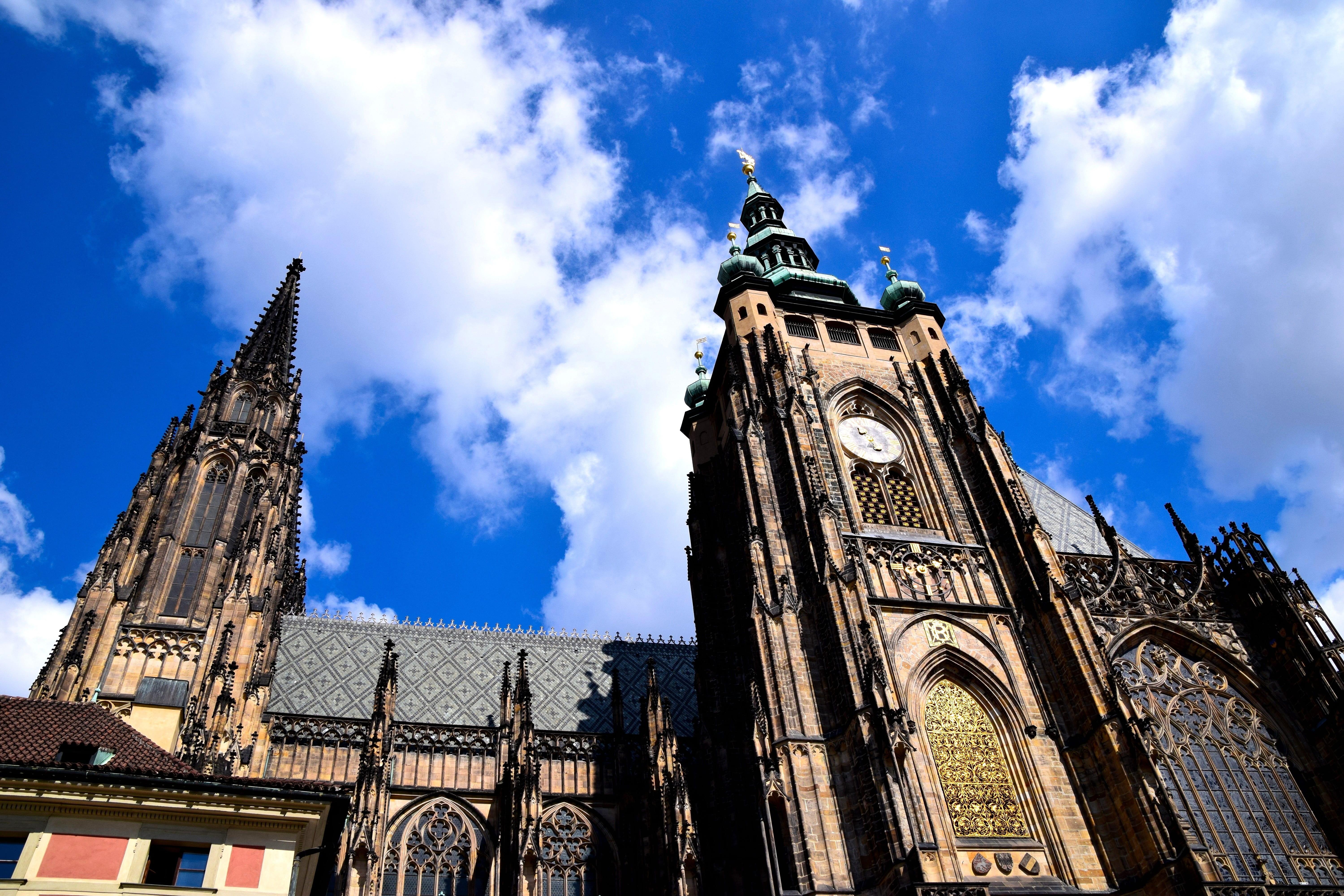 blue, nature, building exterior, church window, czech republic, prague, gothic style, no people, dom, spirituality, historically, trip, cathedral, clouds, HD Wallpaper