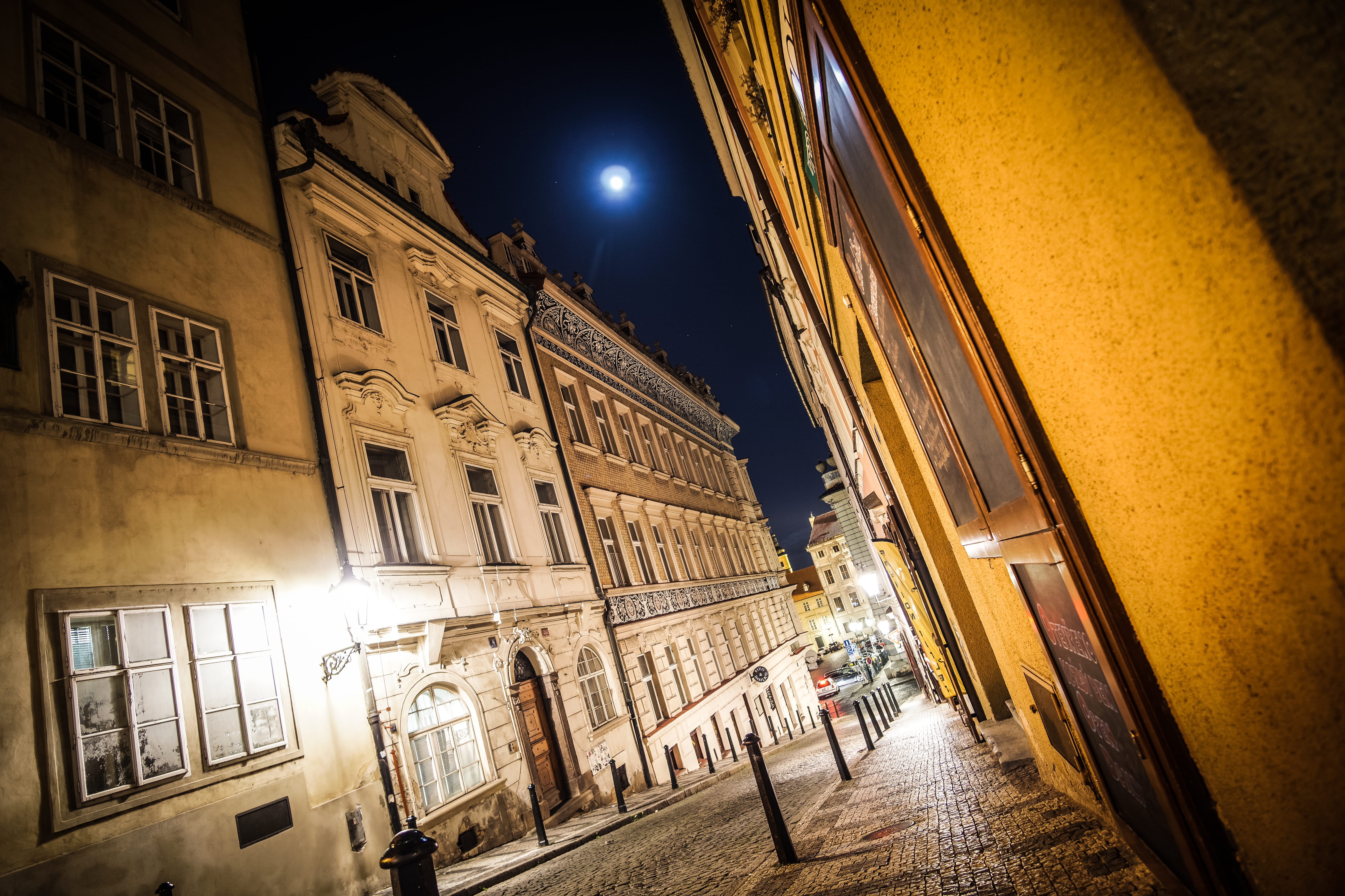 street light, dark, city street, moon, czechia, illuminated, outdoors, old, darkness, lonely street, architecture, cobble, 5K, no people, electric lamp, HD Wallpaper