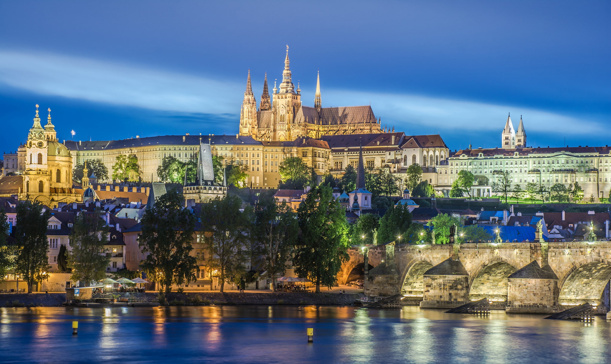 waterfront, river, Vltava, water, bridge - man made structure, sky, architecture, St. Vitus Cathedral, no people, travel, arch bridge, building, Prague, HD Wallpaper