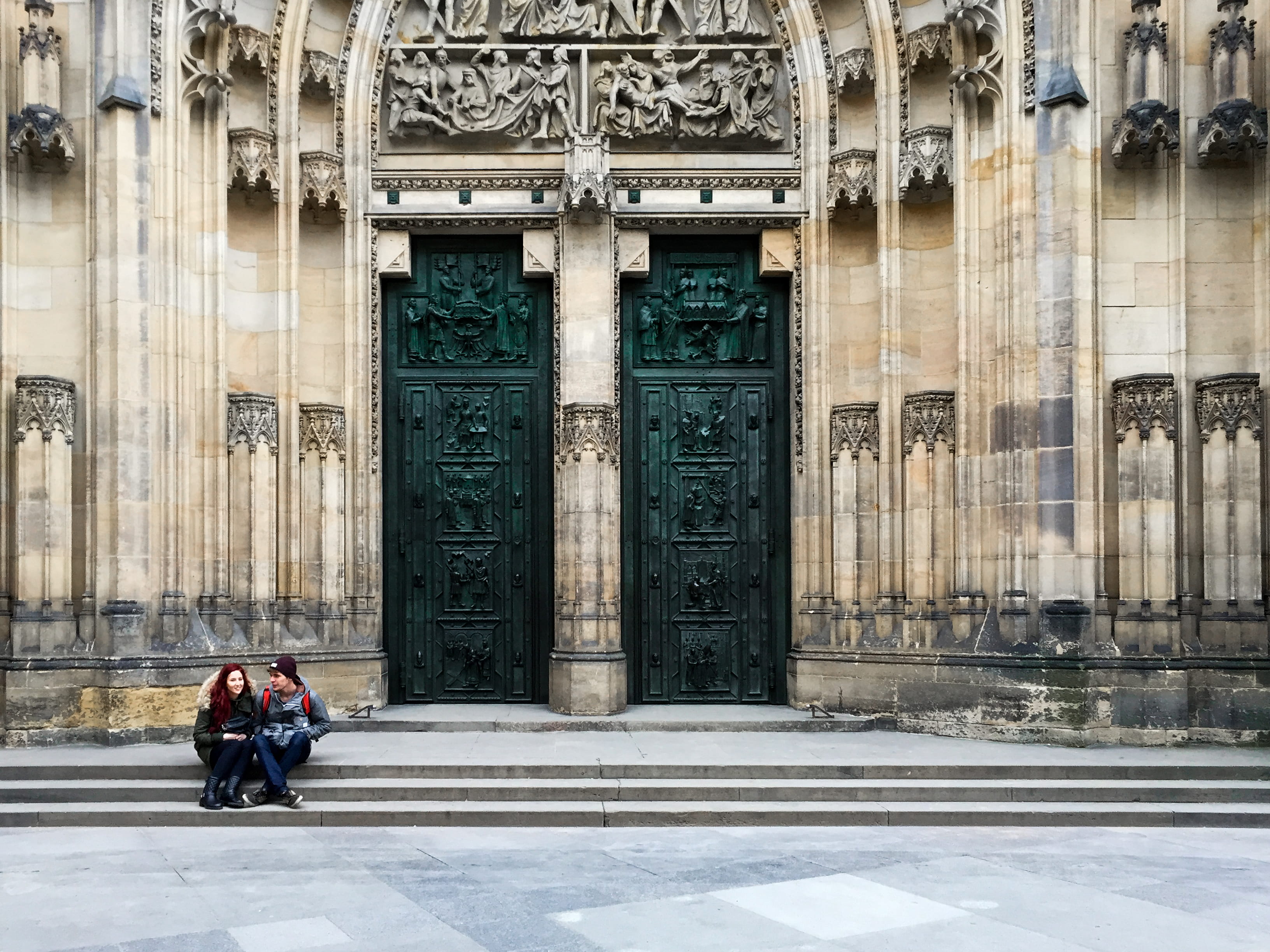 history, couple, st. vitus cathedral door, concrete, building exterior, green, two people, adult, leisure activity, religion, wooden, day, architectural column, HD Wallpaper