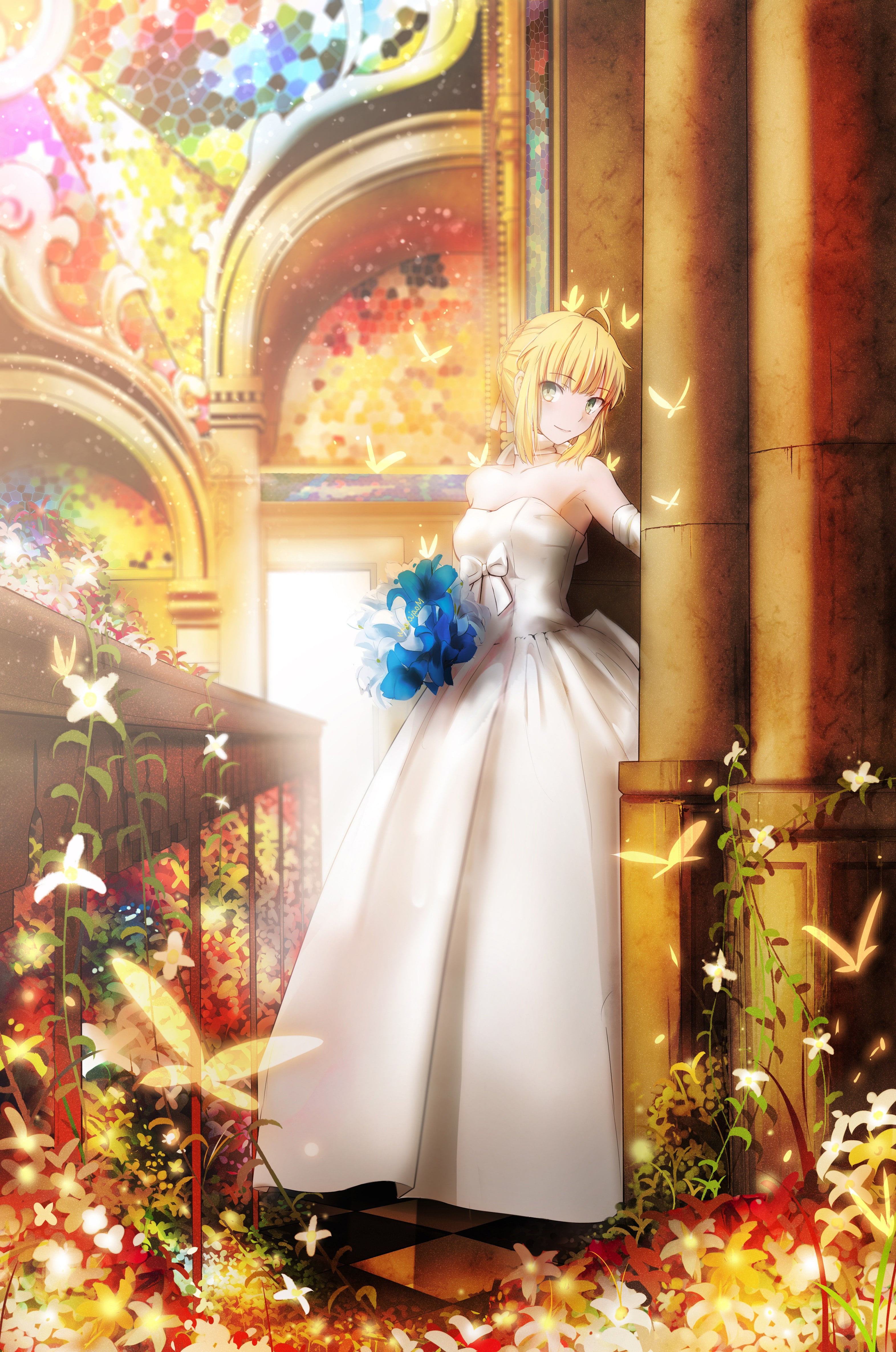 belief, female likeness, representation, celebration, Fate Series, human representation, indoors, illuminated, portrait display, building, plant, altar, Phone HD Wallpaper