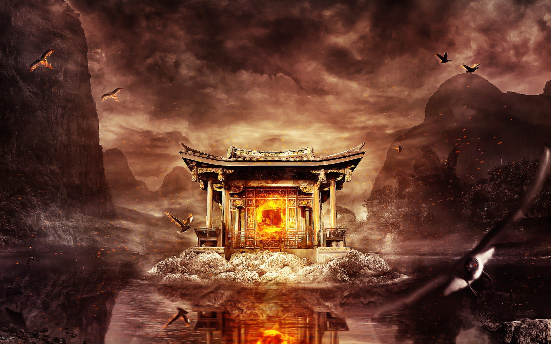 digital art, cloud - sky, statue, building, altar, body, belief, water, sculpture, no people, place of worship, art and craft, fantasy art, middle, sky, HD Wallpaper