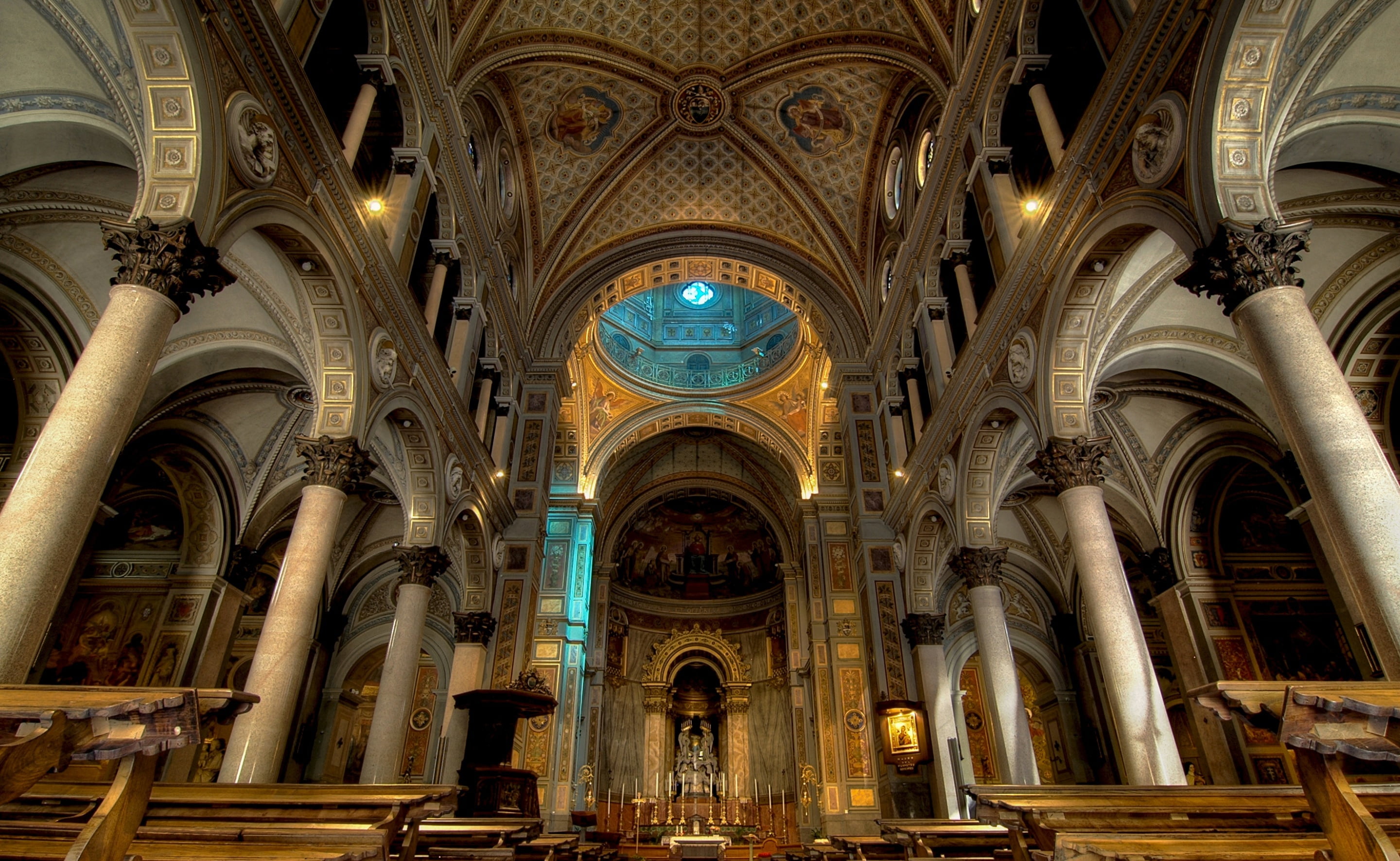 column, bench, Church, religion, 2K, the nave, Cathedral, HD Wallpaper