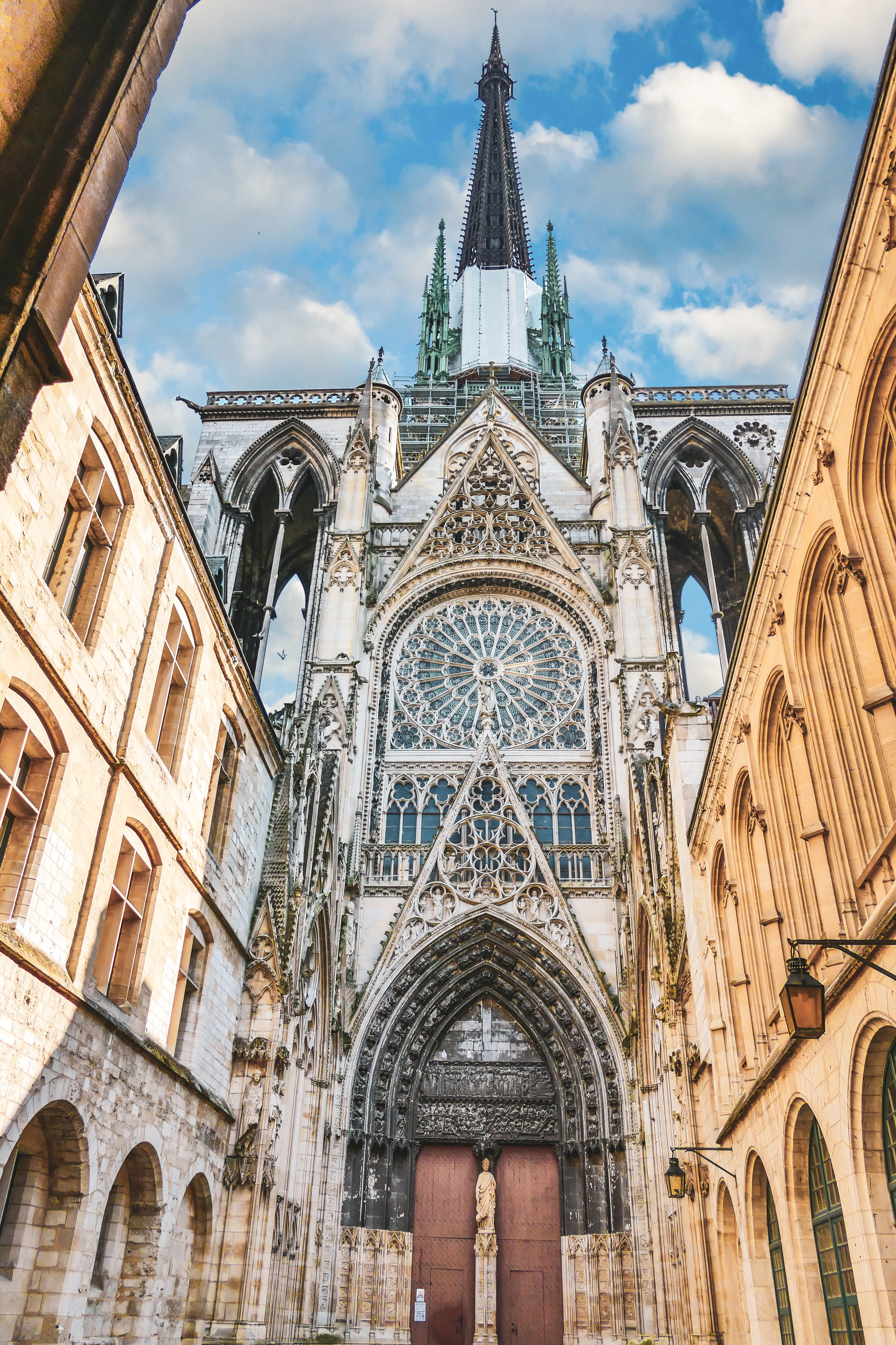 spirituality, spire, belief, 5K, normandy, religion, monument, day, cloud - sky, the past, architecture, low angle view, building, city, ornate, gothic style, Phone HD Wallpaper
