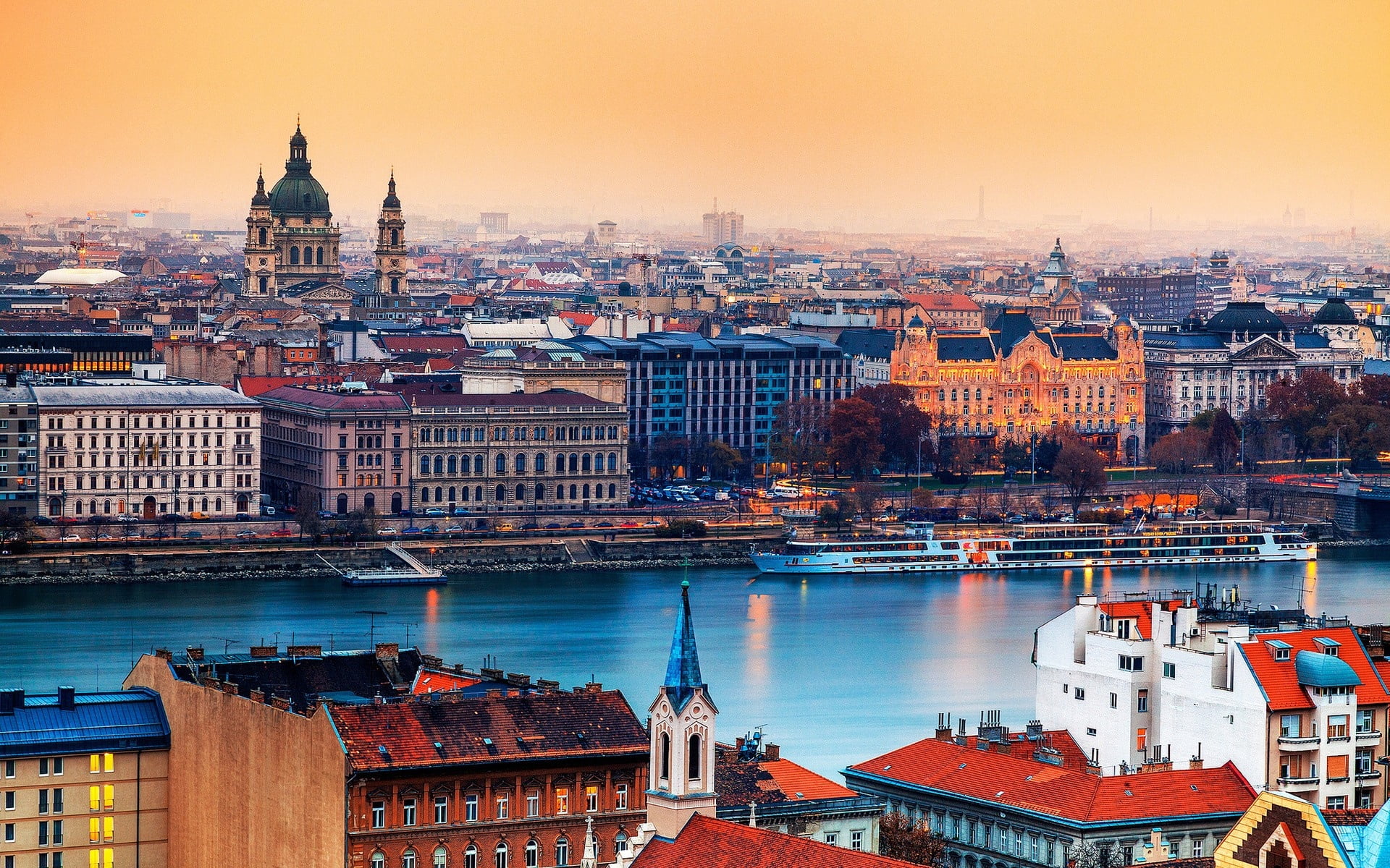 city, blue, cultures, tourism, cityscape, sky, transportation, 1080P, capital Cities, no people, budapest, river, sunset, night, high angle view, city Life, HD Wallpaper
