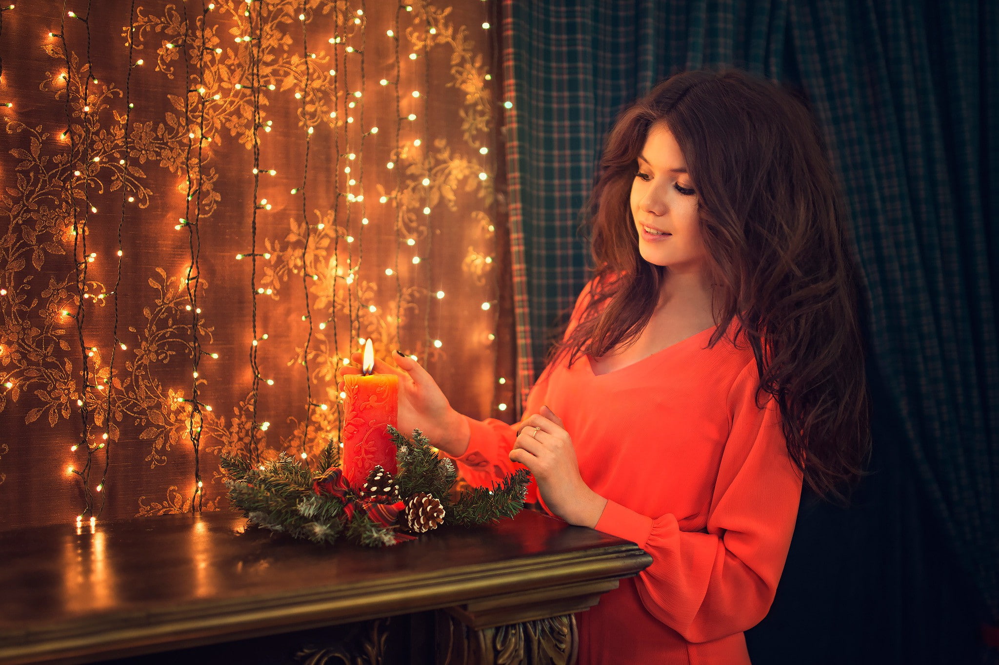 sweater, garland, 1080P, candle, neck, women, holiday, girl, deep, s, v, red, HD Wallpaper