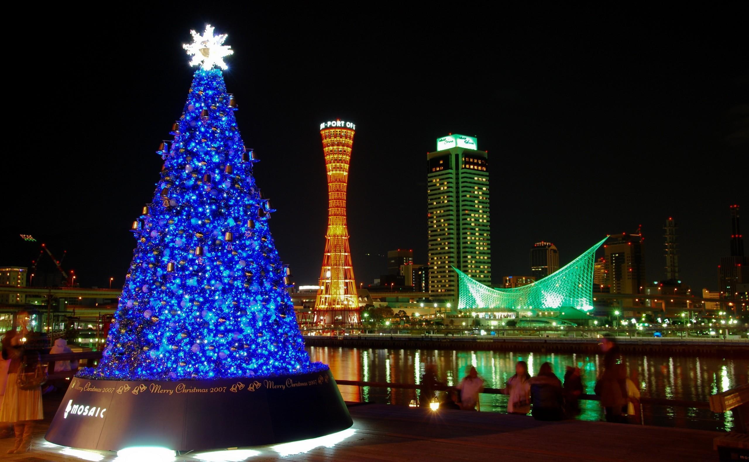 tree, lighted, garlands, christmas trees, water, people, port, holiday, spirits, christmas, blue, trees, 2K, HD Wallpaper