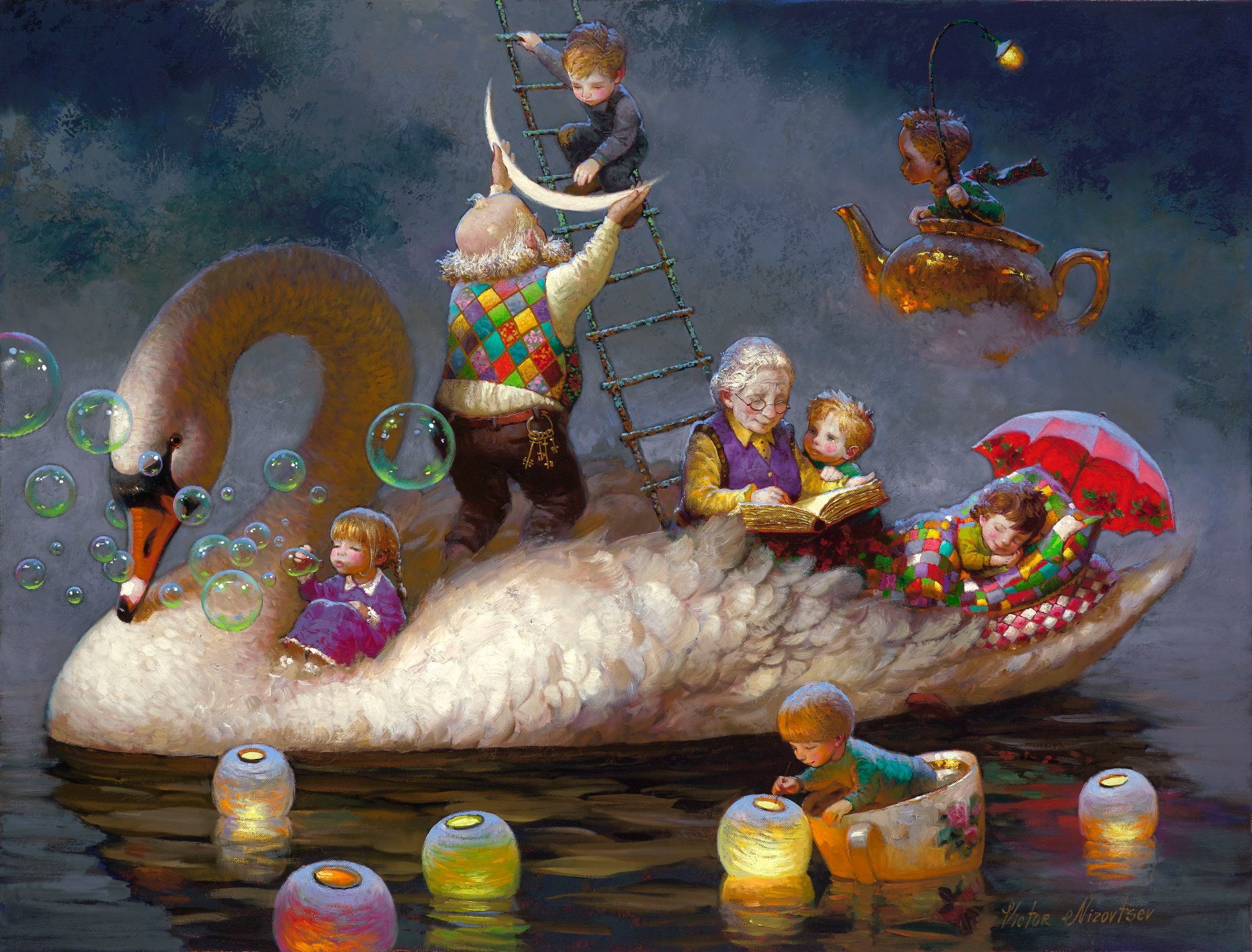 swan, painting, outdoors, multi colored, religion, sculpture, representation, riding, nature, spirituality, white, sea, day, art and craft, magic, people, HD Wallpaper