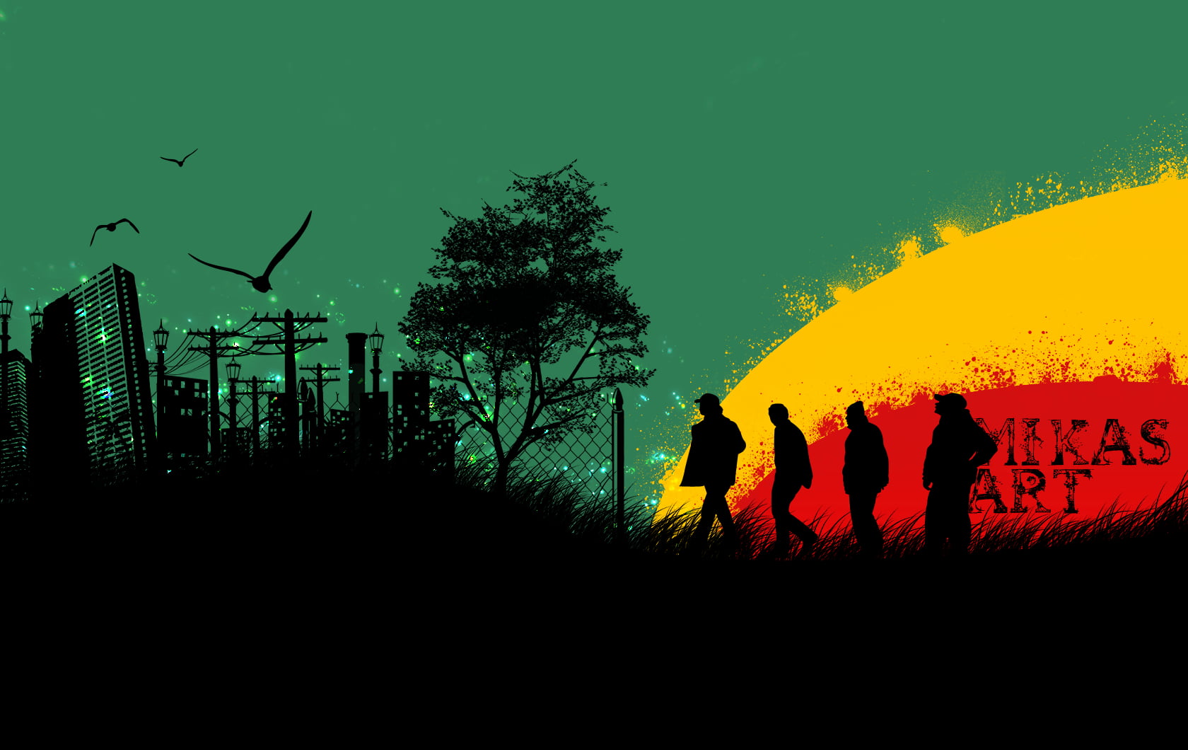 outdoors, crowd, illustration, 720P, yellow, group of people, leisure activity, adult, sky, nature, real people, lifestyles, people, silhouette, urban, HD Wallpaper