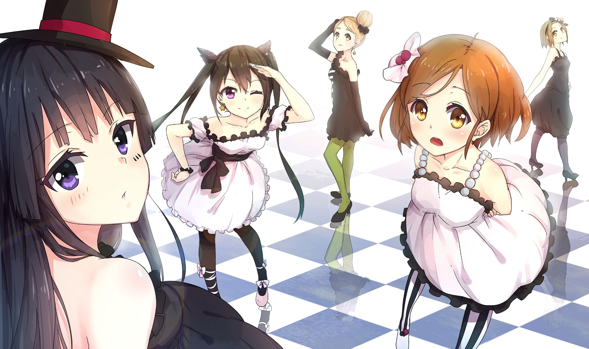 1080P, K-ON!, Akiyama Mio, white background, spooky, creativity, hanging, indoors, Nakano Azusa, human representation, no people, costume, fashion, Kotobuki Tsumugi, HD Wallpaper