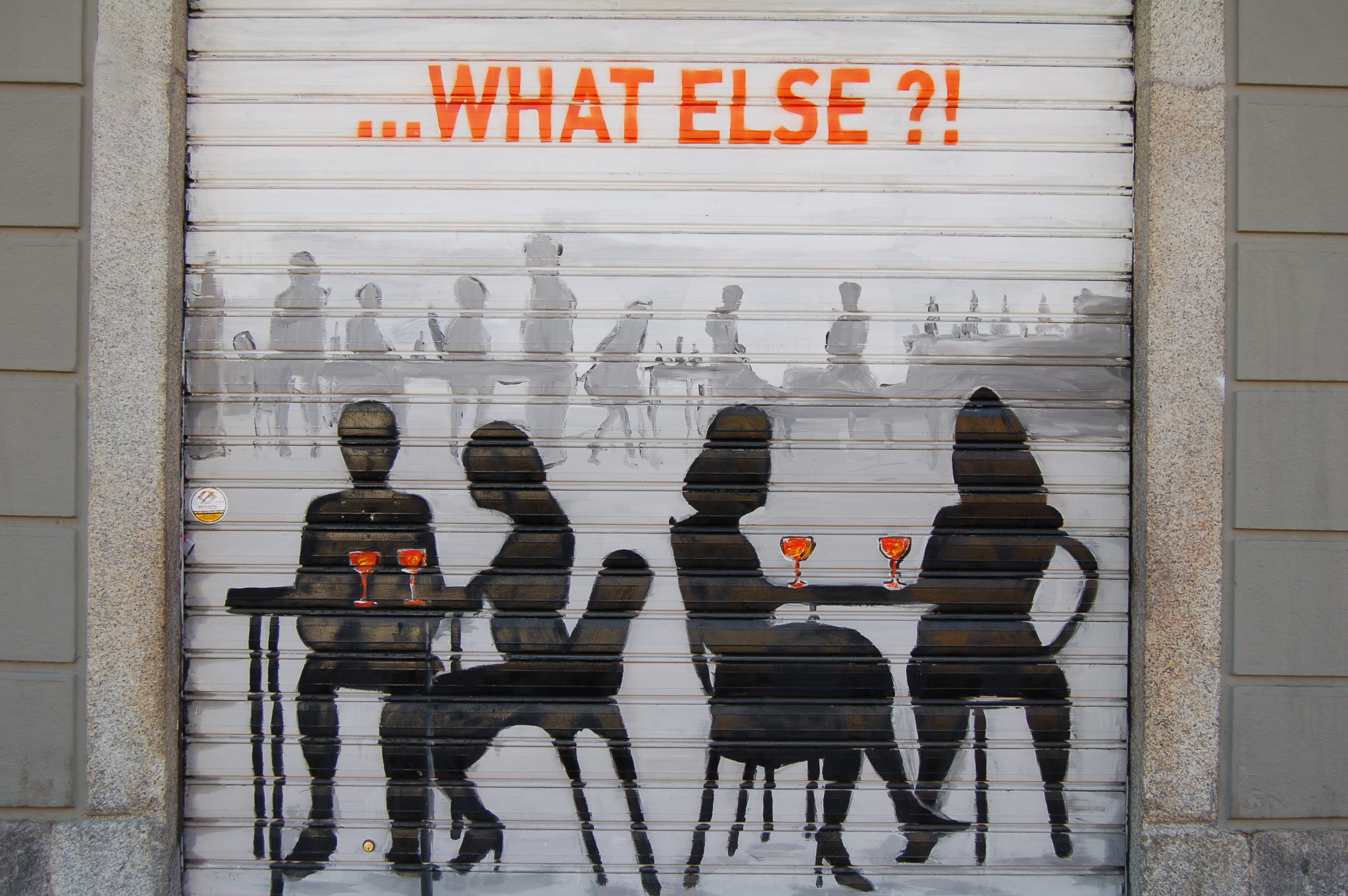 writing, says, group of people, outdoors, else, table, chair, people, seat, orange, real people, wall, title, men, painting, glass, two, 2K, day, western script, HD Wallpaper