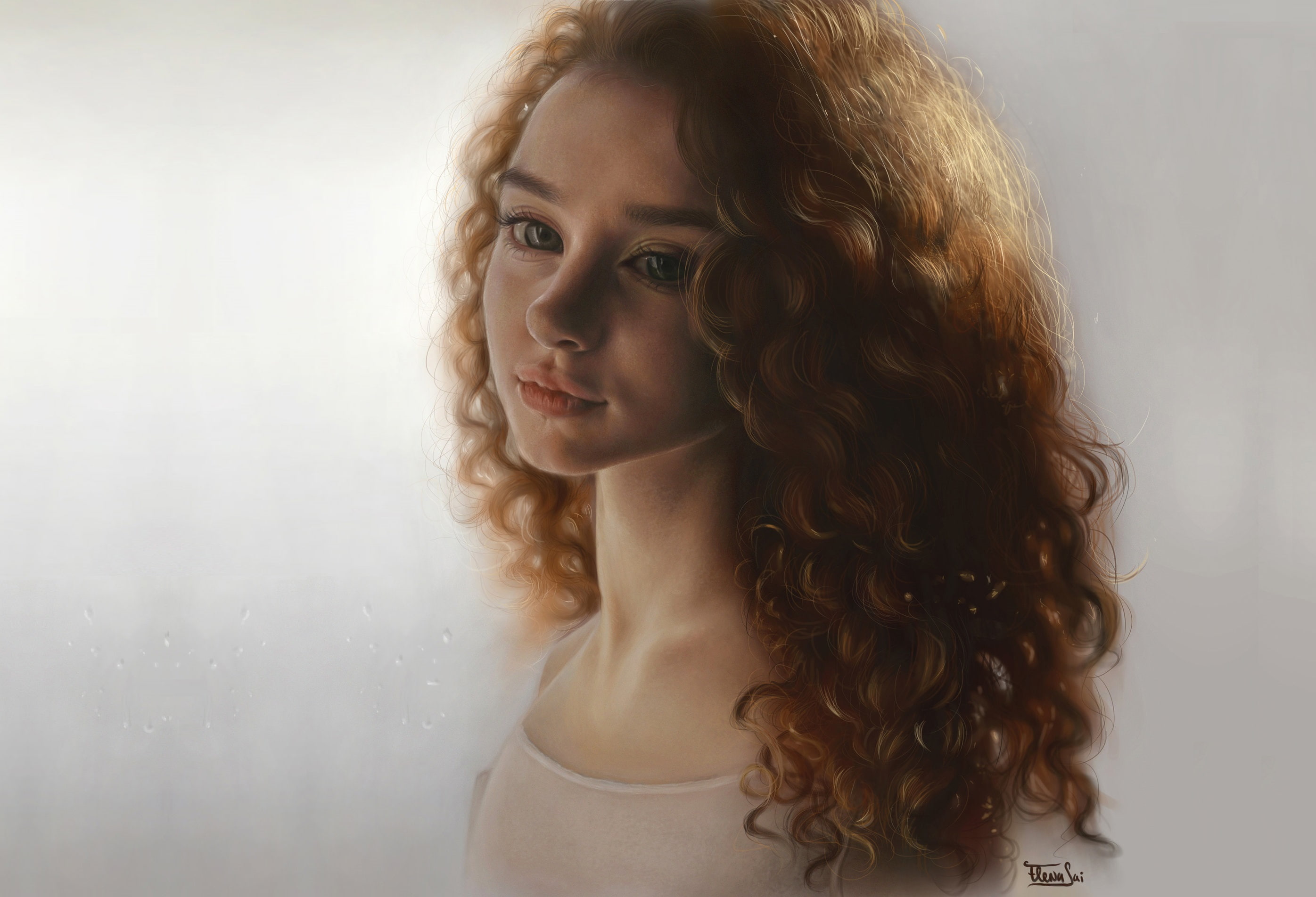 2K, artwork, curly hair, painting, white background, long hair, Elena Sai, women, redhead, digital art, HD Wallpaper