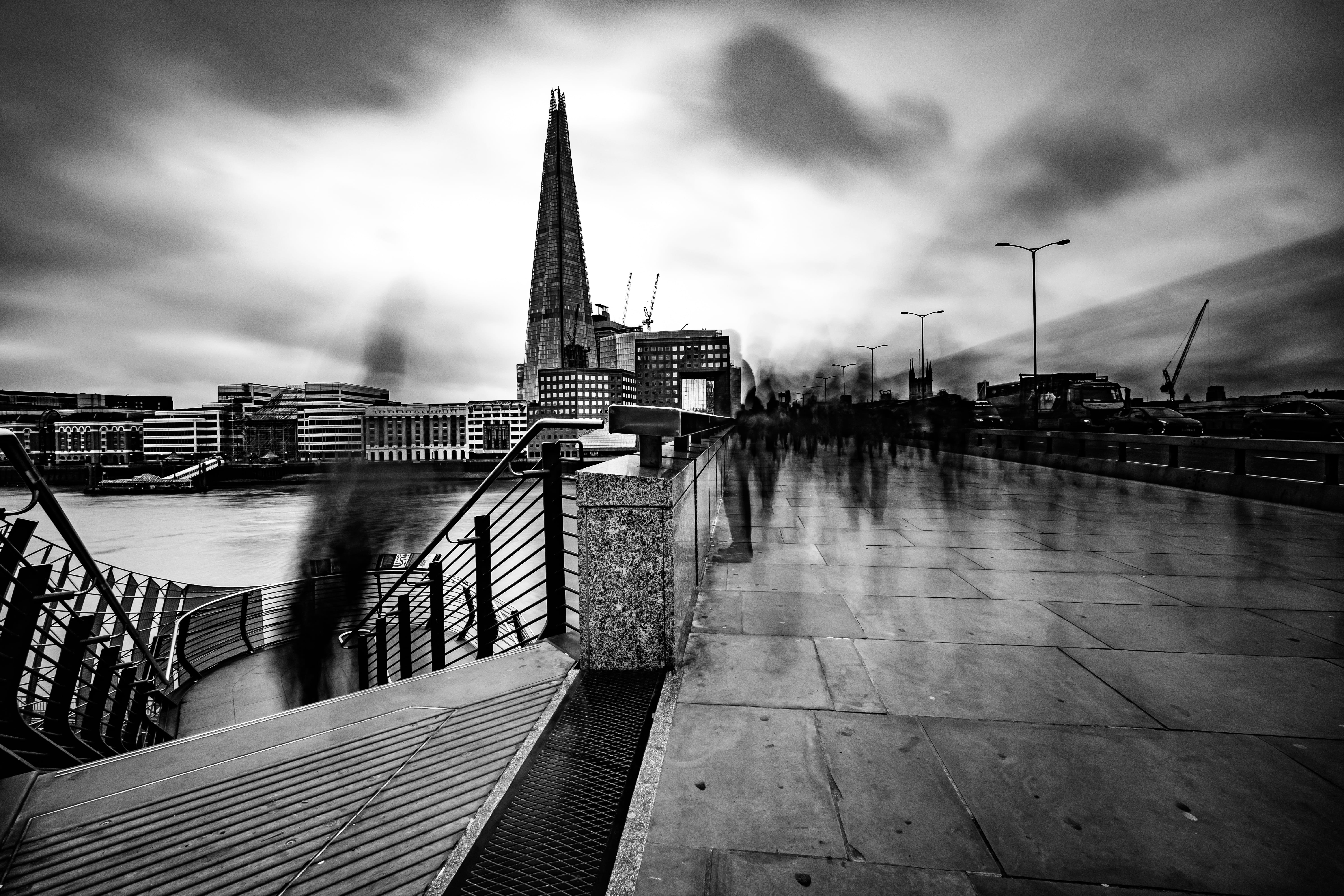 grayscale, nature, town, cloud - sky, tourism, water, spire, pavement, downtown, transportation, urban, architecture, travel destinations, banister, building exterior, HD Wallpaper