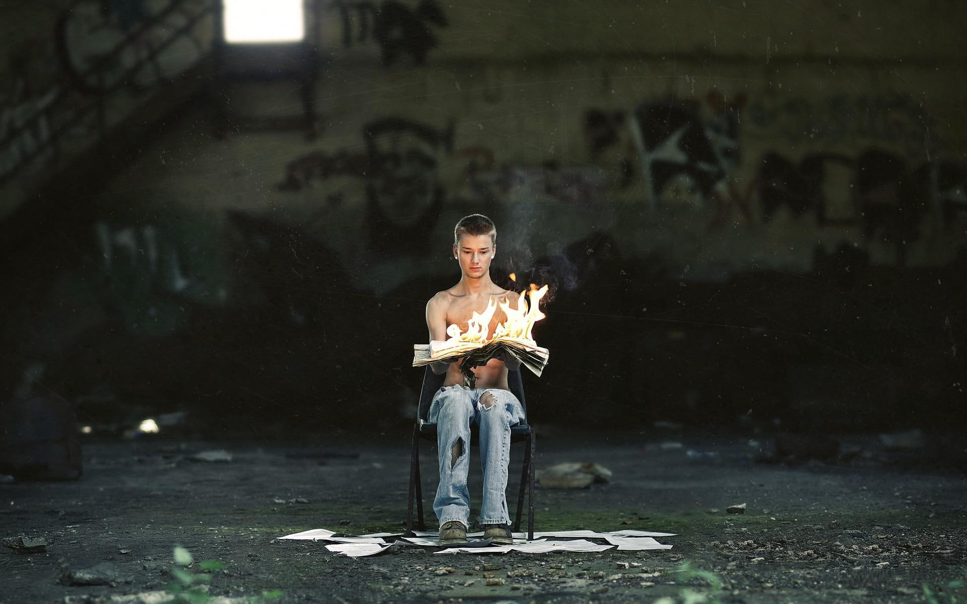man, denim, child, blue, mood, s, situation, flames, images, 1080P, children, jeans, HD Wallpaper