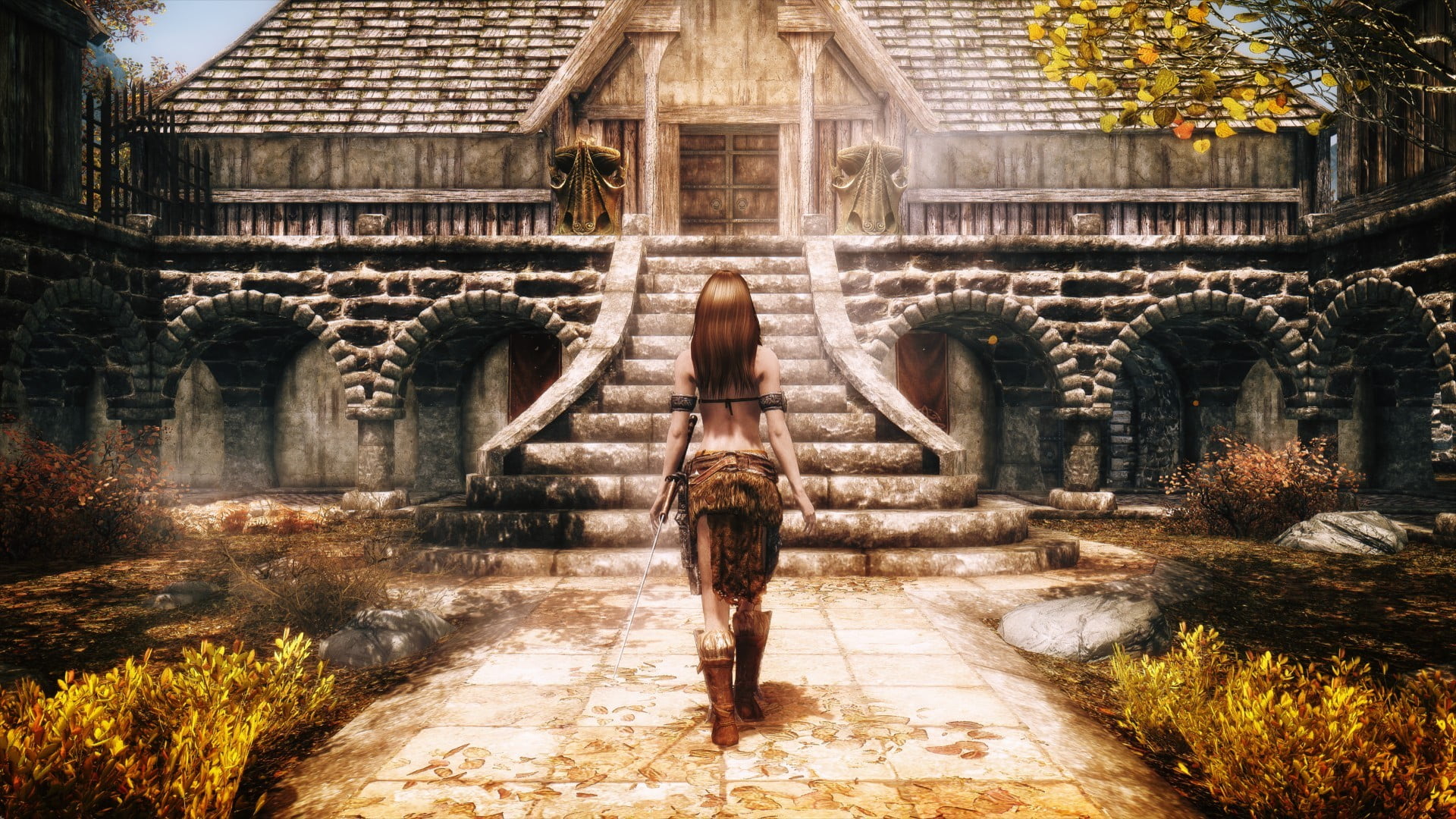 buddhism, casual clothing, stone Material, real people, building Exterior, direction, house, temple - Building, young adult, road, wat, The Elder Scrolls V Skyrim, HD Wallpaper