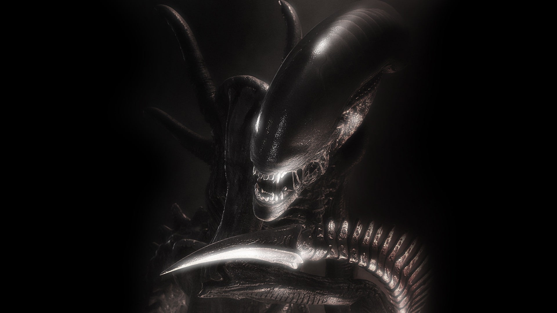 black background, no people, sculpture, representation, statue, h r_ giger alien movie xenomorph, body part, illuminated, black color, metal, 1080P, shiny, HD Wallpaper
