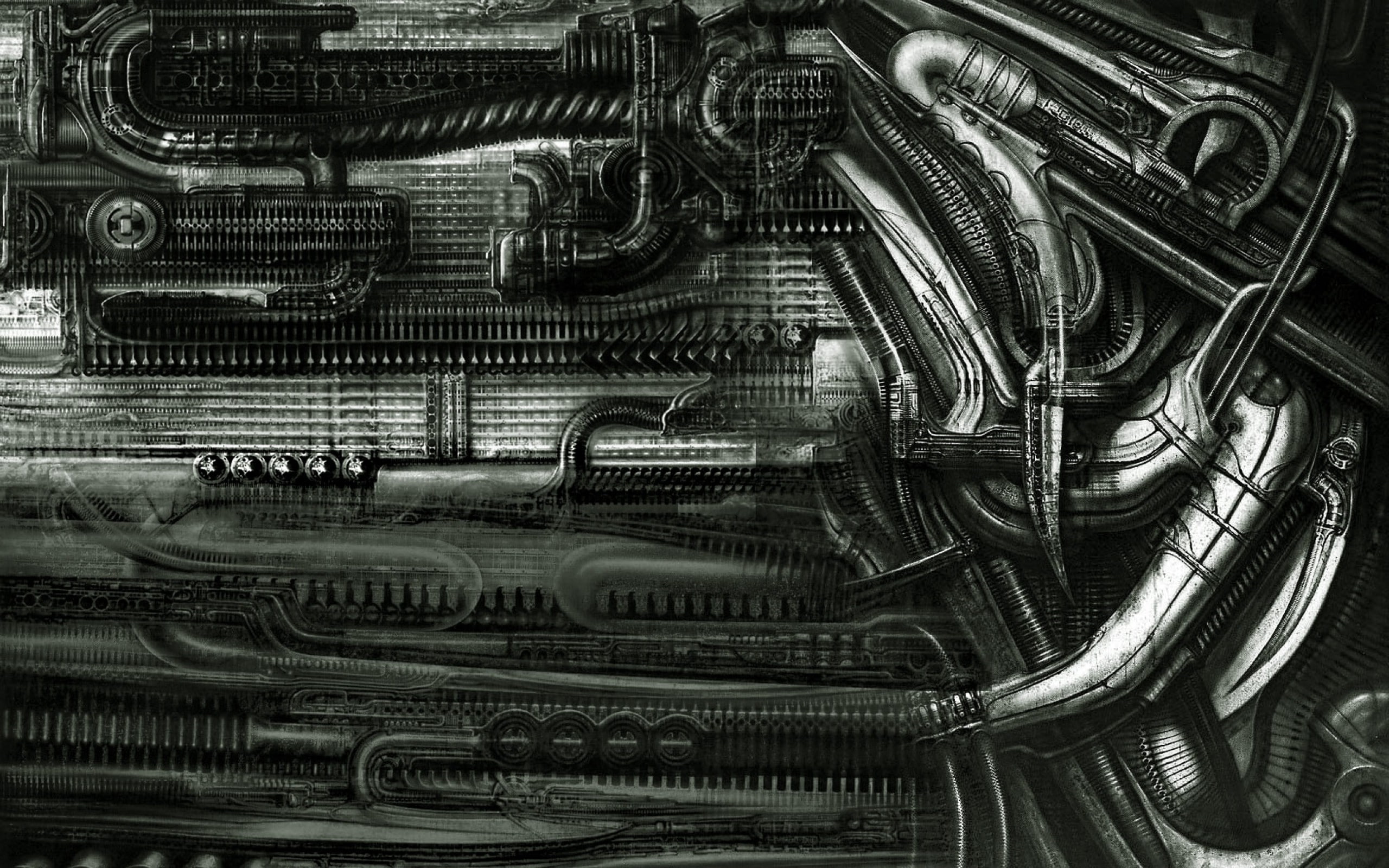 h r_ giger artist abstract, backgrounds, stack, complexity, 2K, design, silver colored, connection, still life, abundance, in a row, pattern, indoors, HD Wallpaper