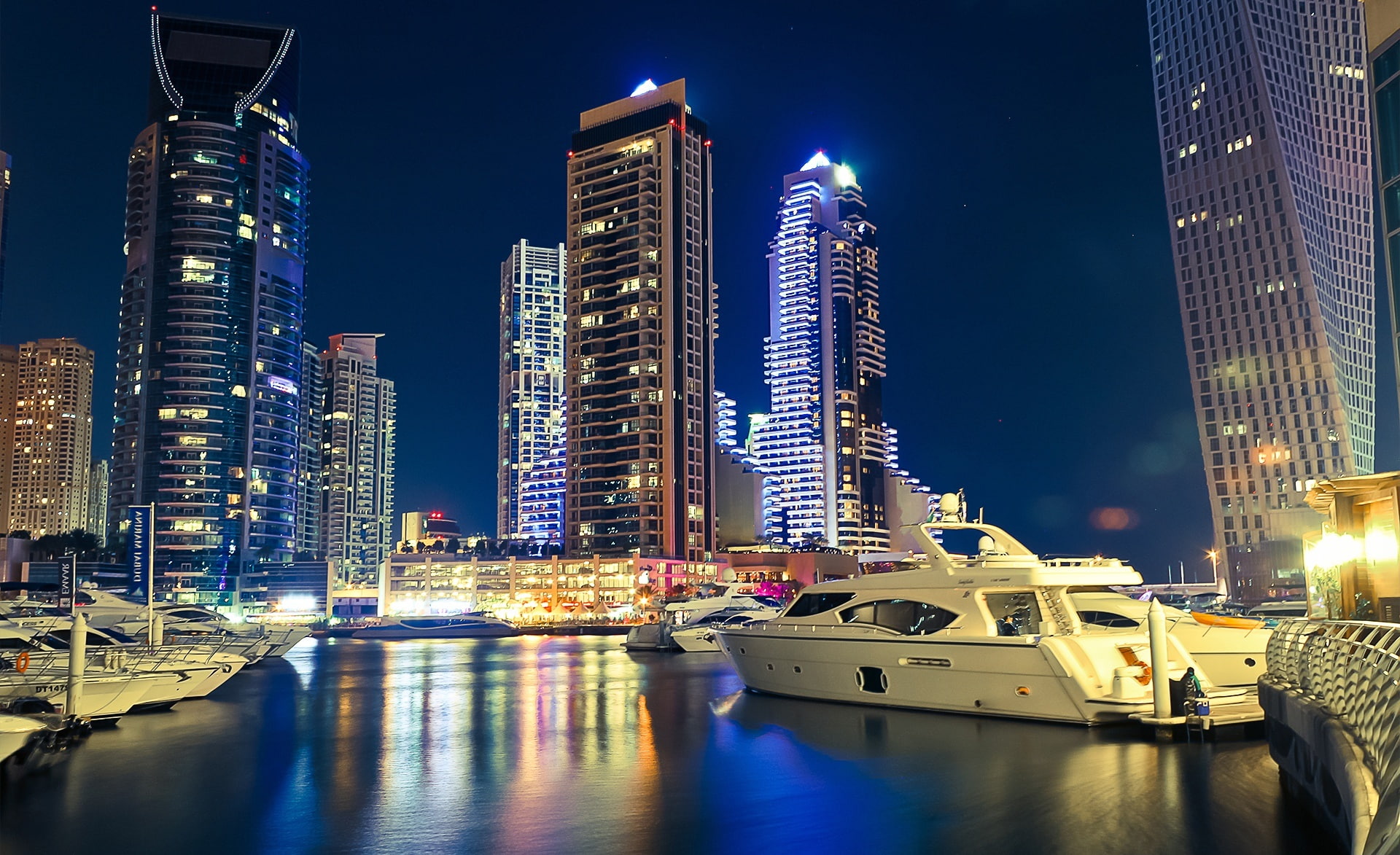 skyscraper, water, landscape, hd, dxb, building exterior, nautical vessel, city, modern, yacht, transportation, office building exterior, night, HD Wallpaper